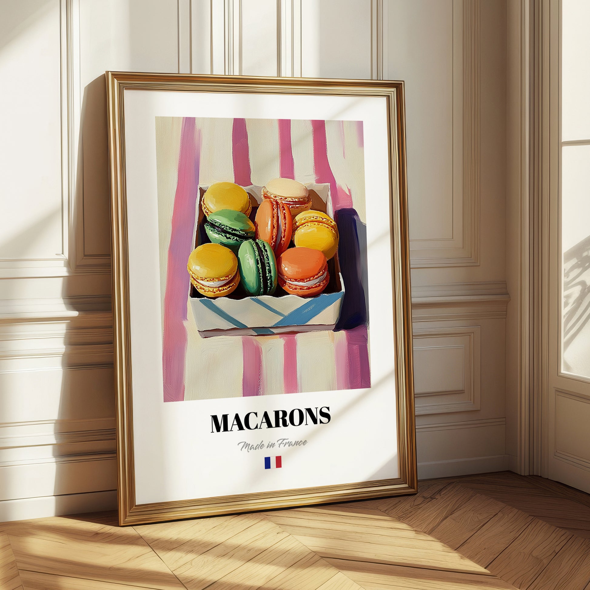 Macarons – on Striped Tablecloth, French French Dessert Still Life 