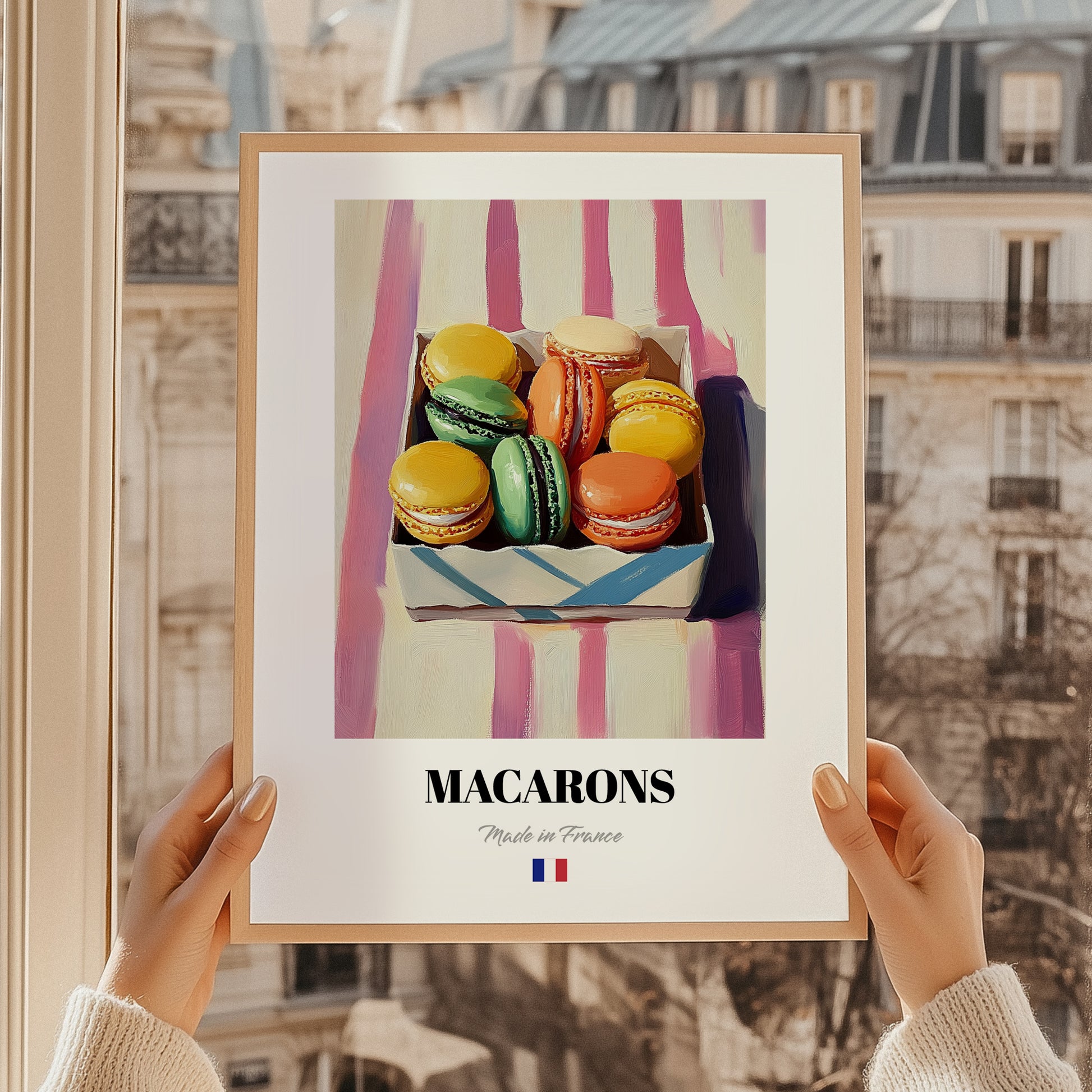 Macarons – on Striped Tablecloth, French French Dessert Still Life, styled in a charming Paris street view