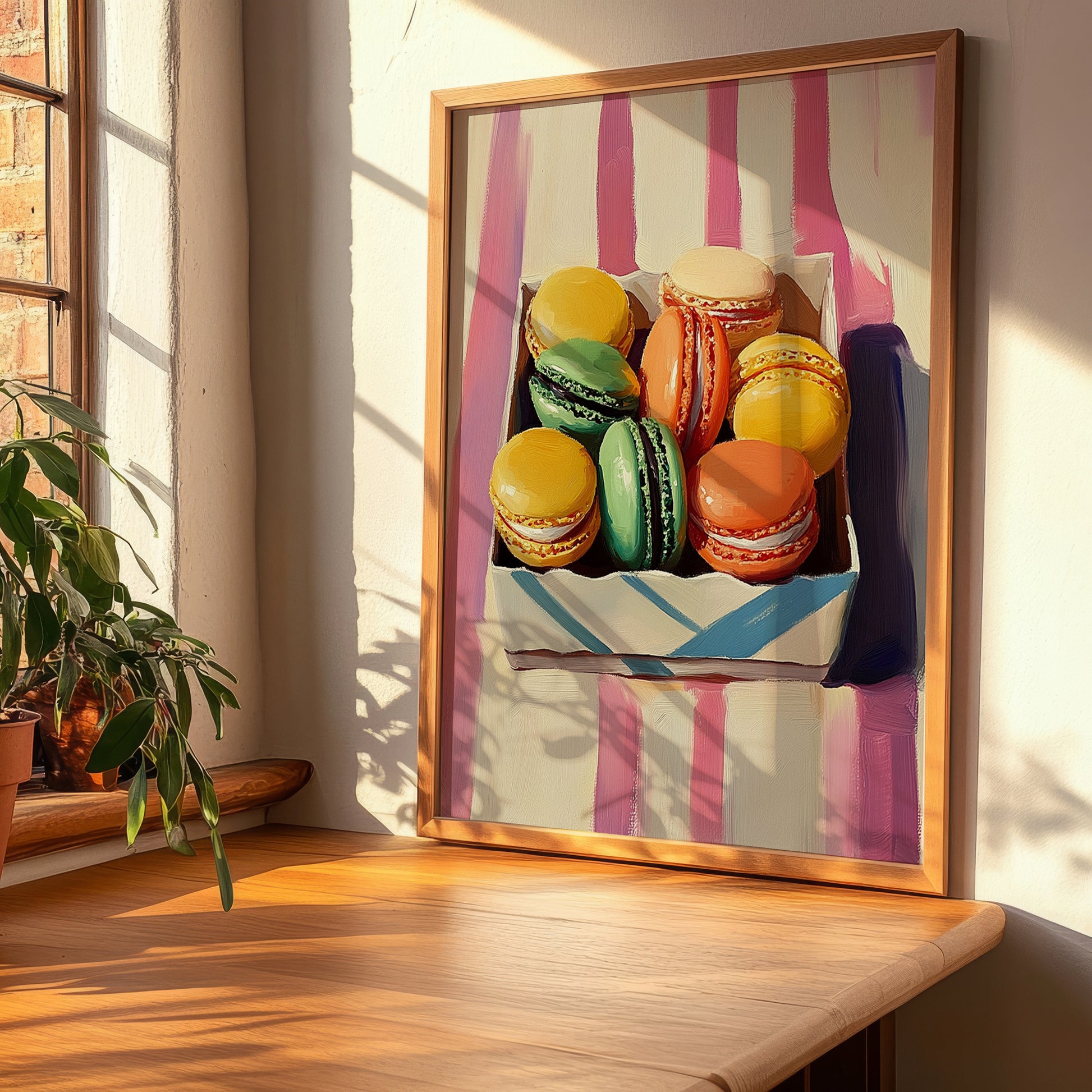 Macarons – on Striped Tablecloth, French French Dessert Still Life, clean layout with no caption
