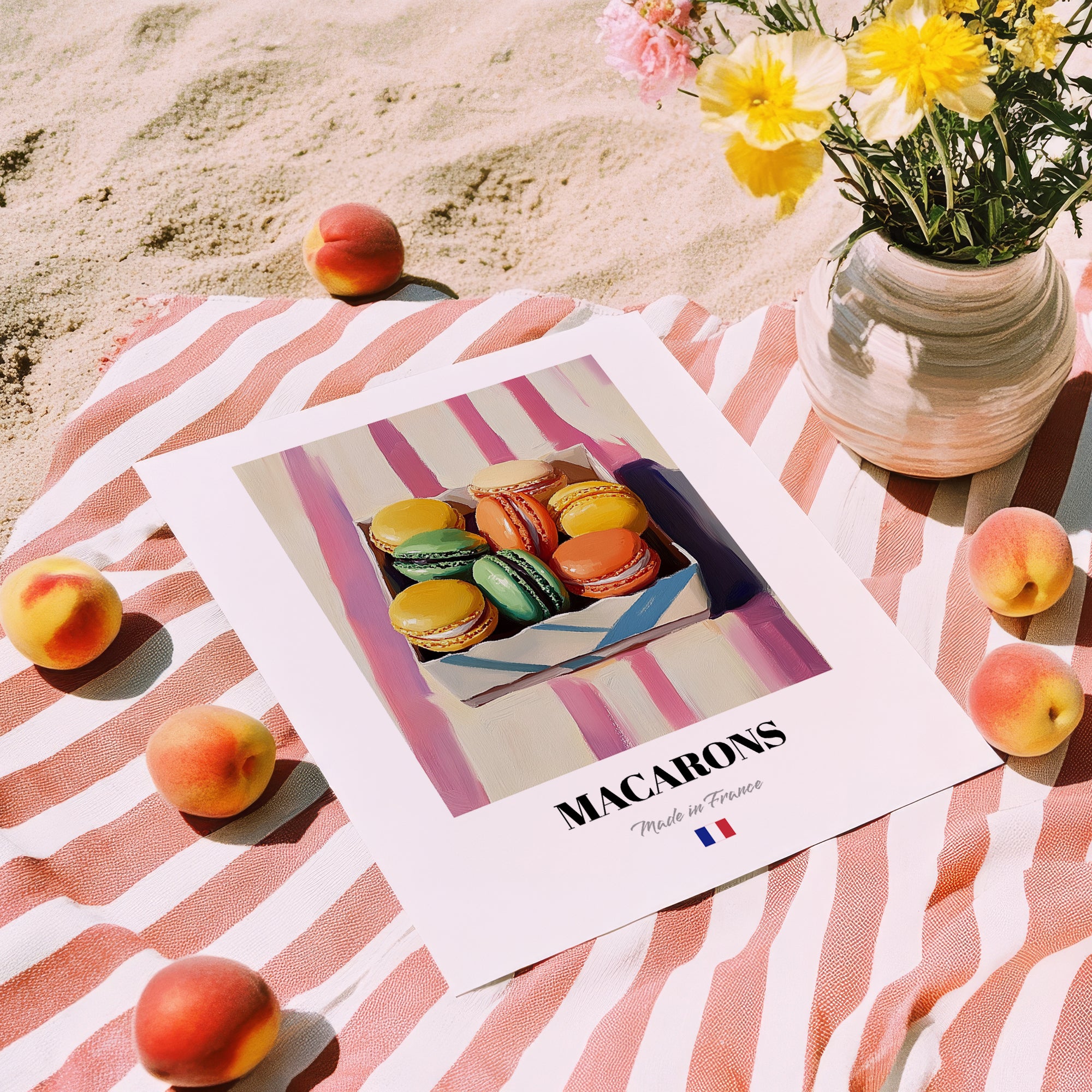 Macarons – on Striped Tablecloth, French French Dessert Still Life, unframed on coastal sand