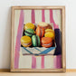 Macarons – on Striped Tablecloth, French French Dessert Still Life, no-text version framed in wood
