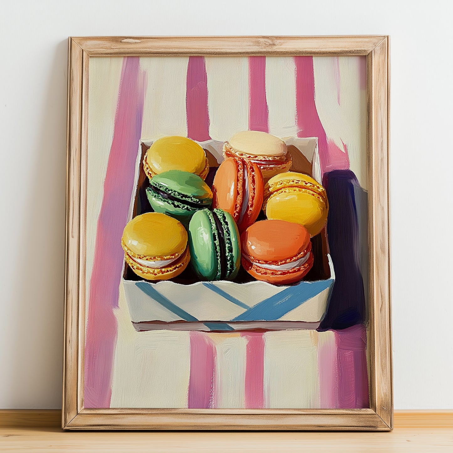 Macarons – on Striped Tablecloth, French French Dessert Still Life, no-text version framed in wood
