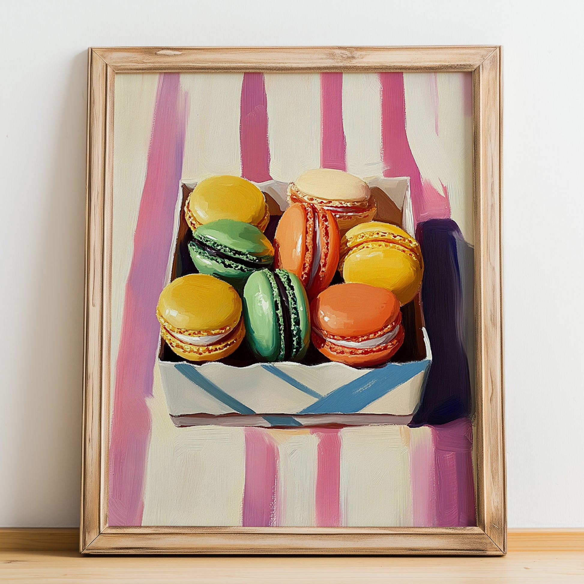 Macarons – on Striped Tablecloth, French French Dessert Still Life, no-text version framed in wood