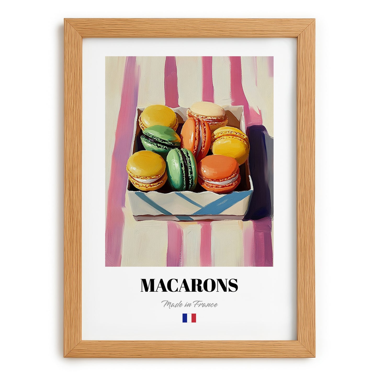 Macarons – on Striped Tablecloth, French French Dessert Still Life, set in oak frame