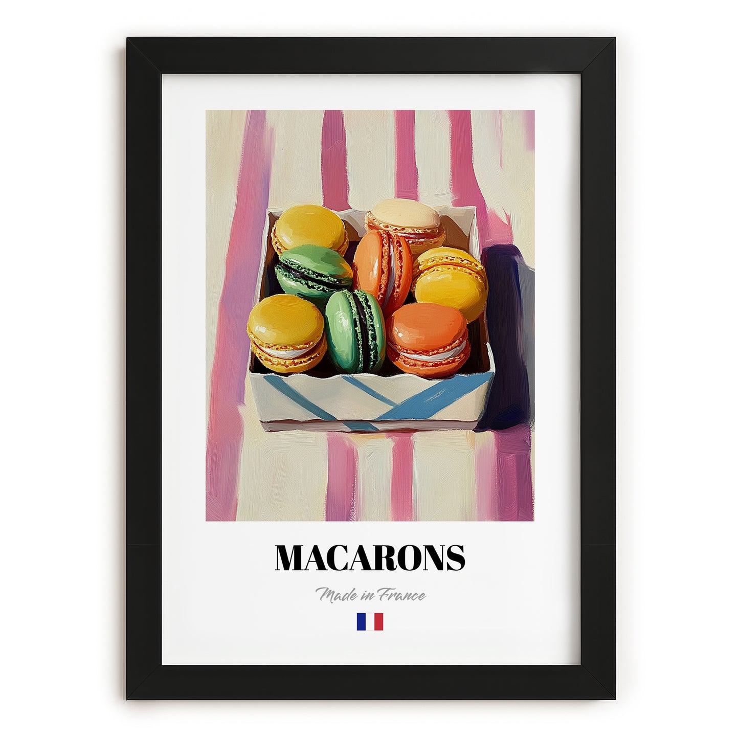 Macarons – on Striped Tablecloth, French French Dessert Still Life, in sleek black frame