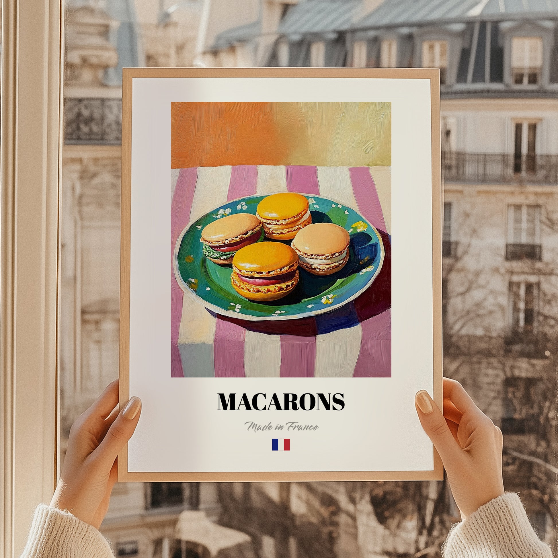 Macarons – Oil Painting, French French Dessert Illustration, styled in a charming Paris street view