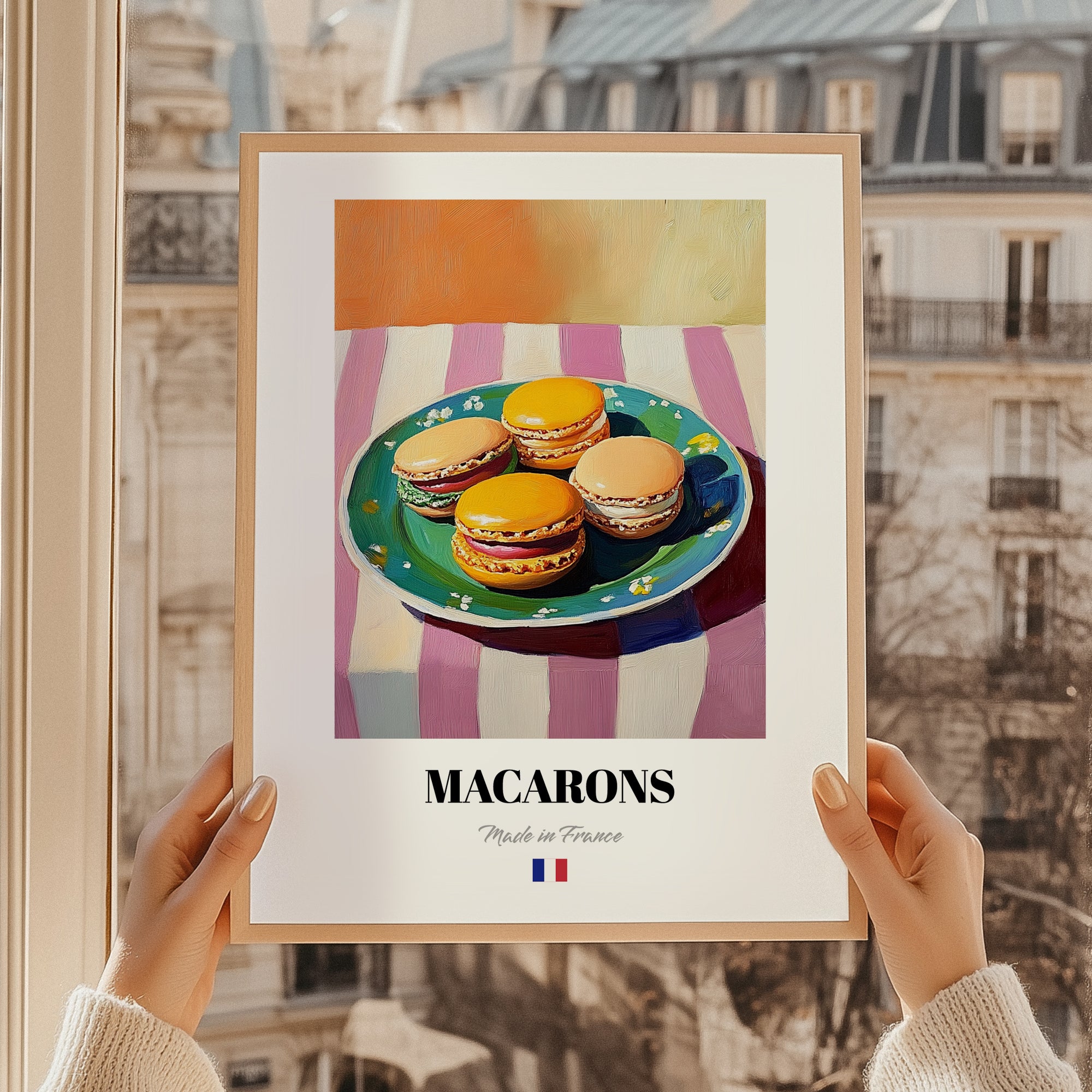 Macarons – Oil Painting, French French Dessert Illustration, styled in a charming Paris street view