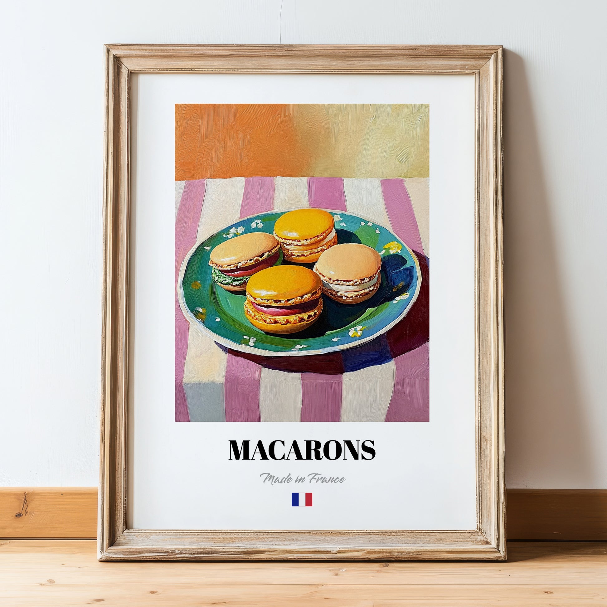 Macarons – Oil Painting, French French Dessert Illustration, in wooden frame leaning on the floor
