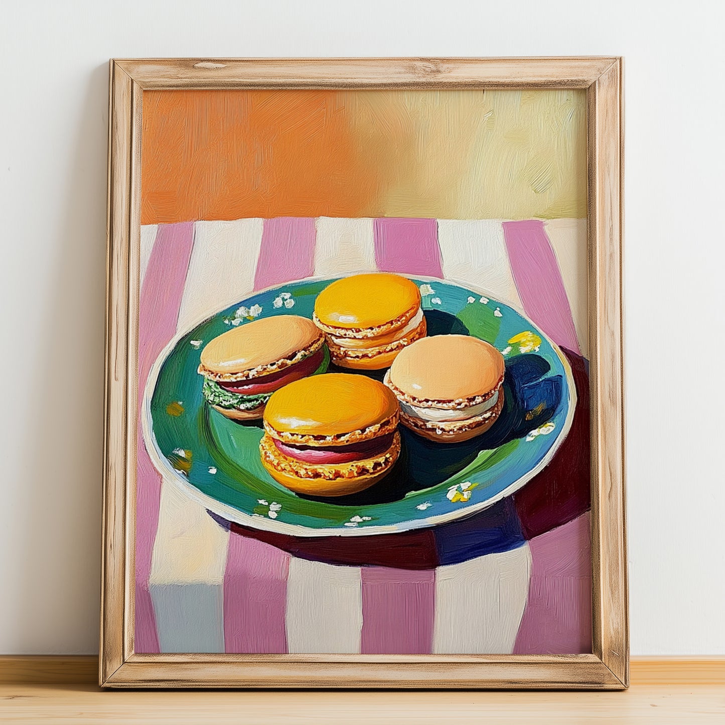 Macarons – Oil Painting, French French Dessert Illustration, no-text version framed in wood