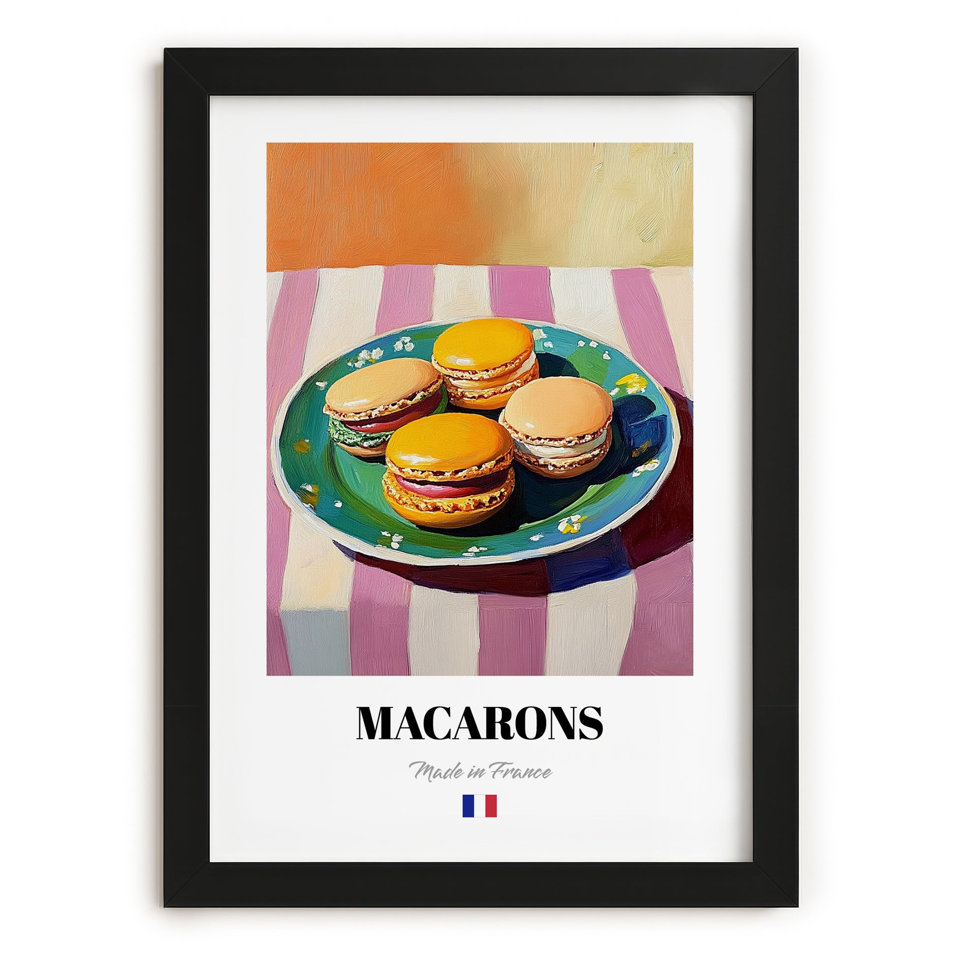 Macarons – Oil Painting, French French Dessert Illustration, in sleek black frame