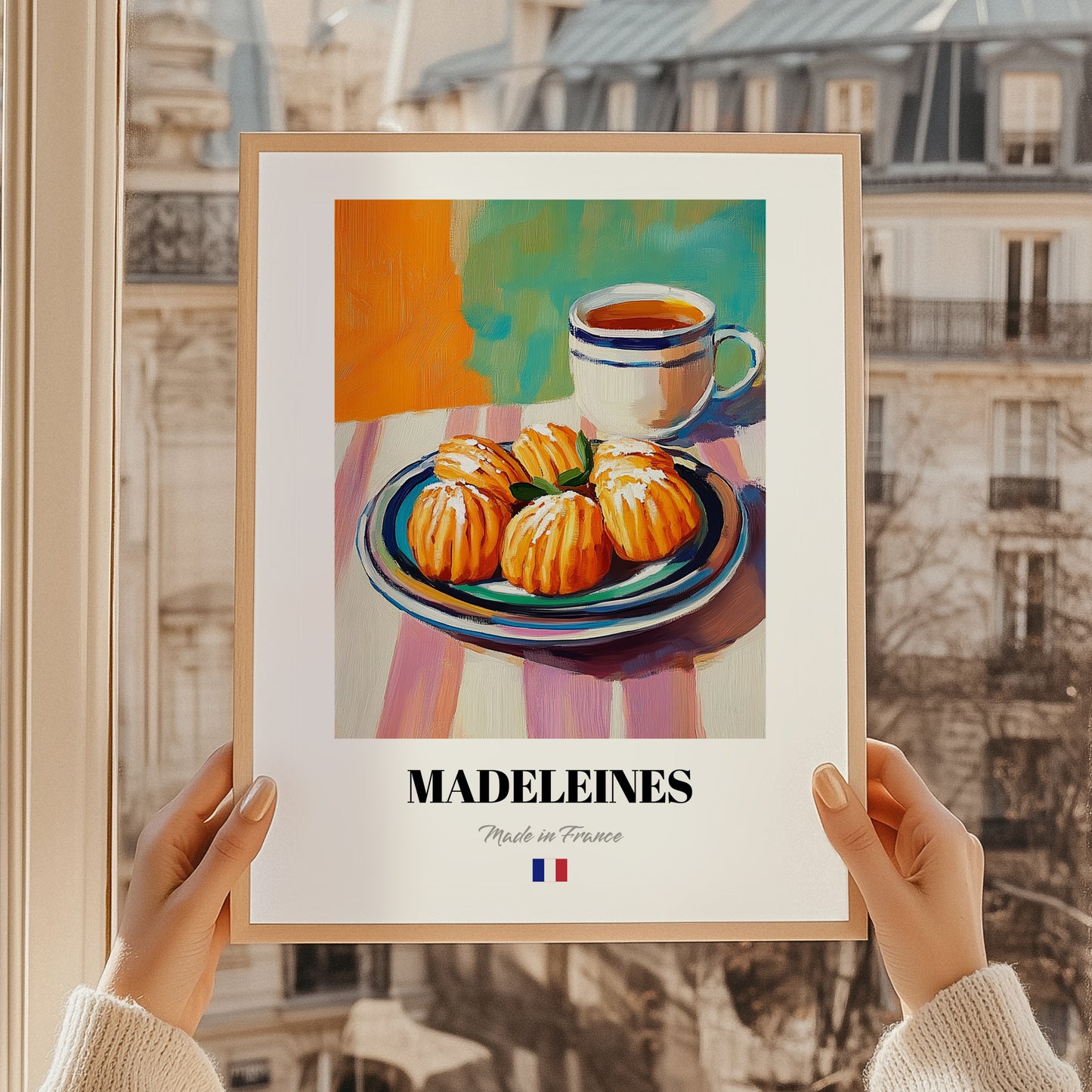 Madeleines – Art, French French Pastry Print, styled in a charming Paris street view