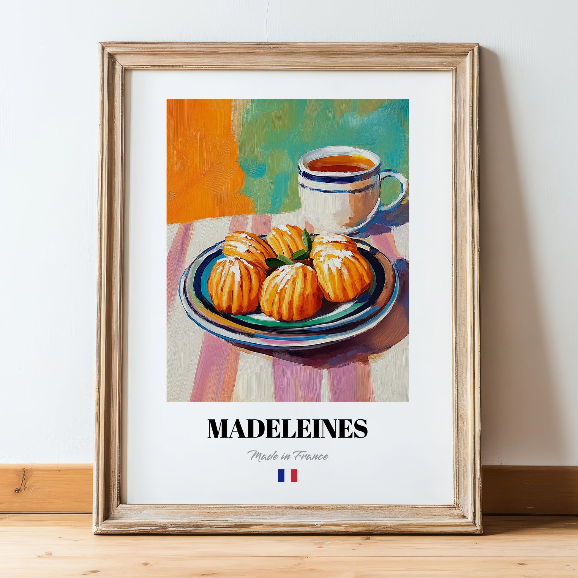 Madeleines – Art, French French Pastry Print, in wooden frame leaning on the floor