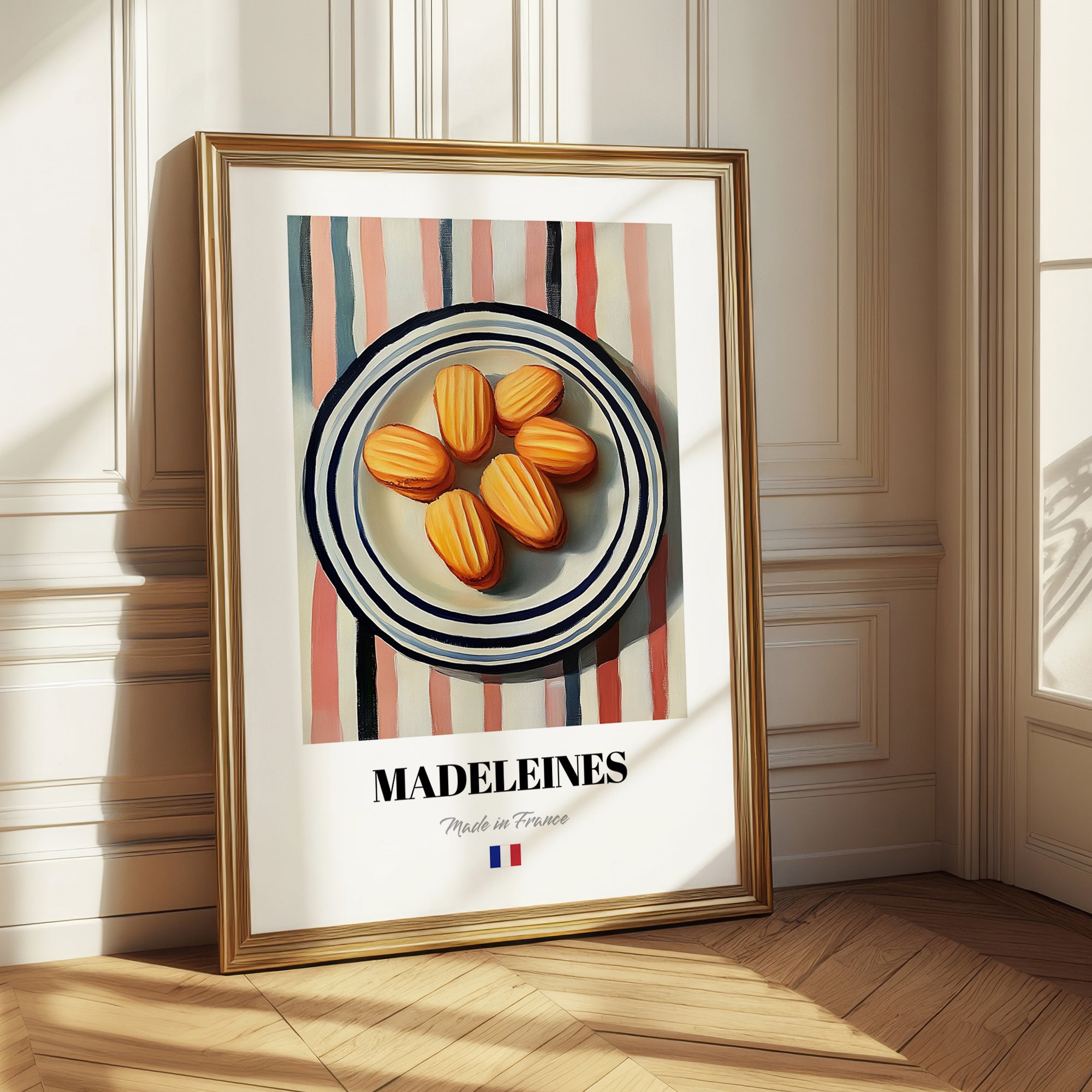 Madeleines – on Striped Tablecloth, French French Pastry Wall Decor 