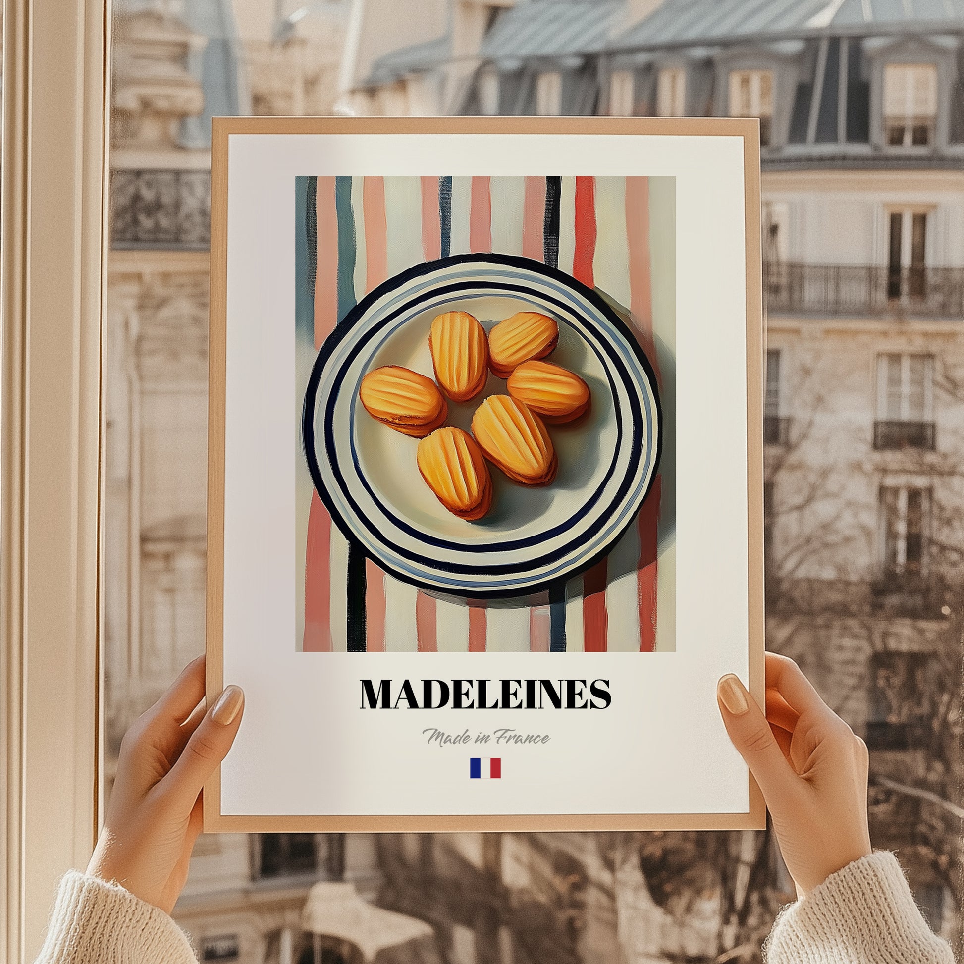 Madeleines – on Striped Tablecloth, French French Pastry Wall Decor, styled in a charming Paris street view