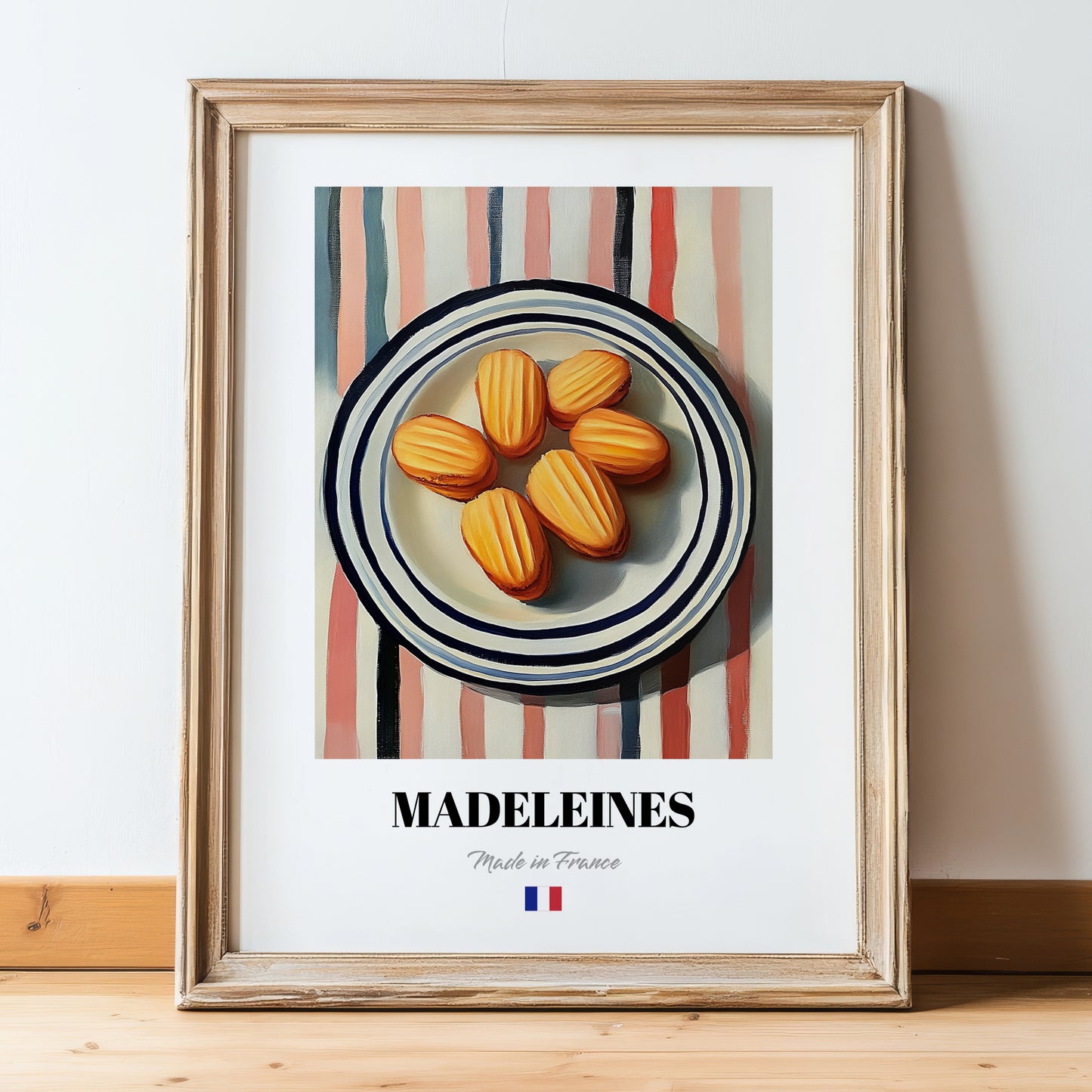 Madeleines – on Striped Tablecloth, French French Pastry Wall Decor, in wooden frame leaning on the floor