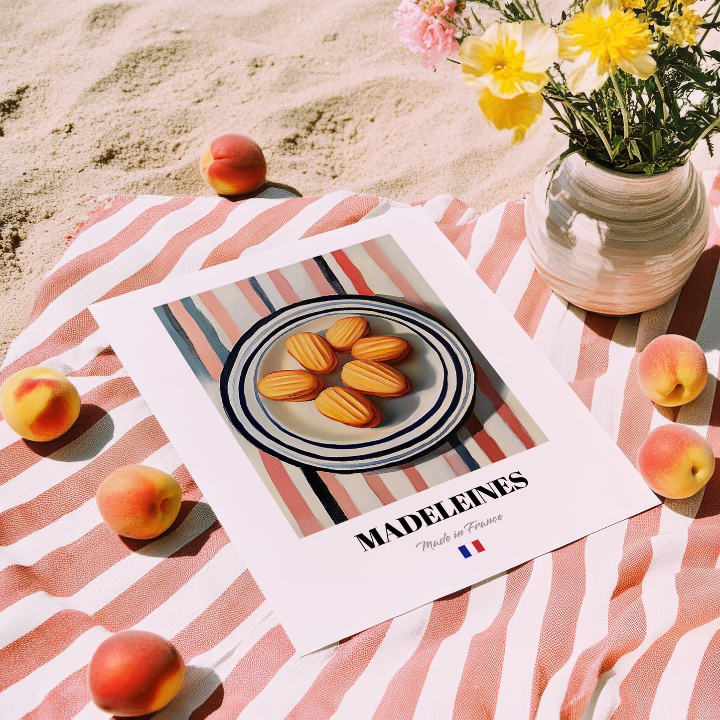 Madeleines – on Striped Tablecloth, French French Pastry Wall Decor, unframed on coastal sand