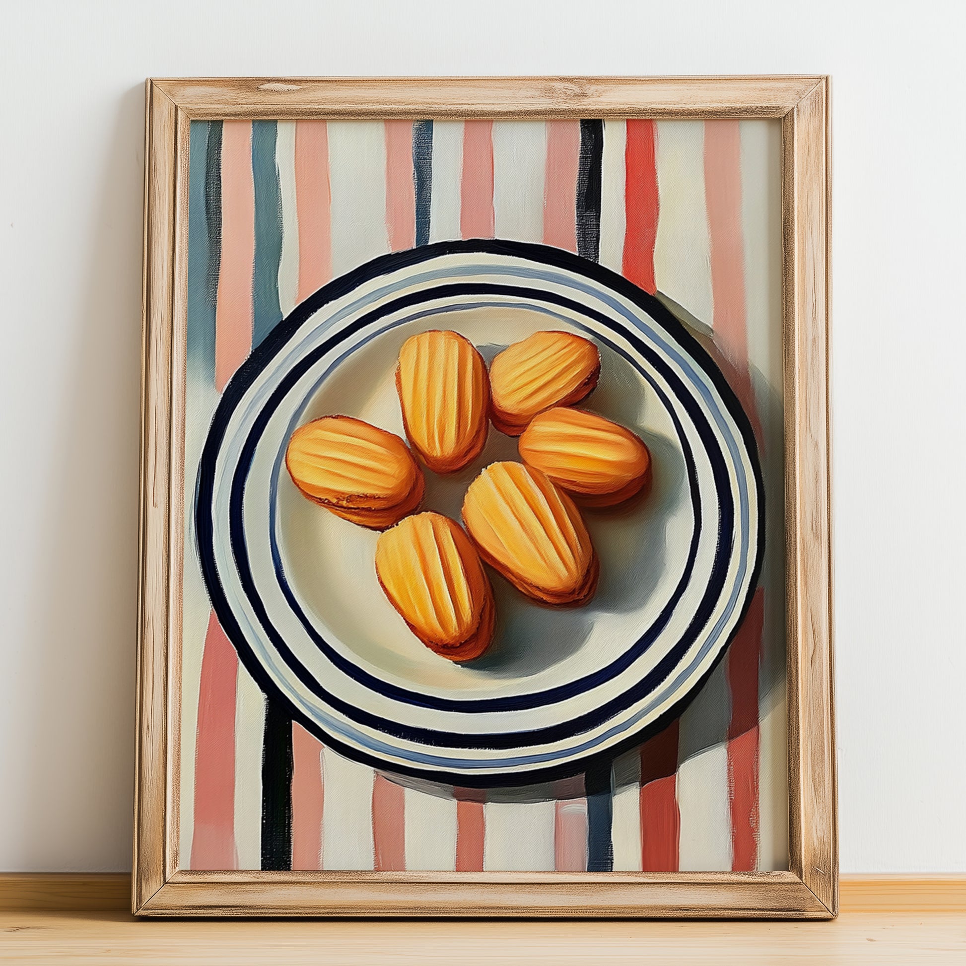 Madeleines – on Striped Tablecloth, French French Pastry Wall Decor, no-text version framed in wood