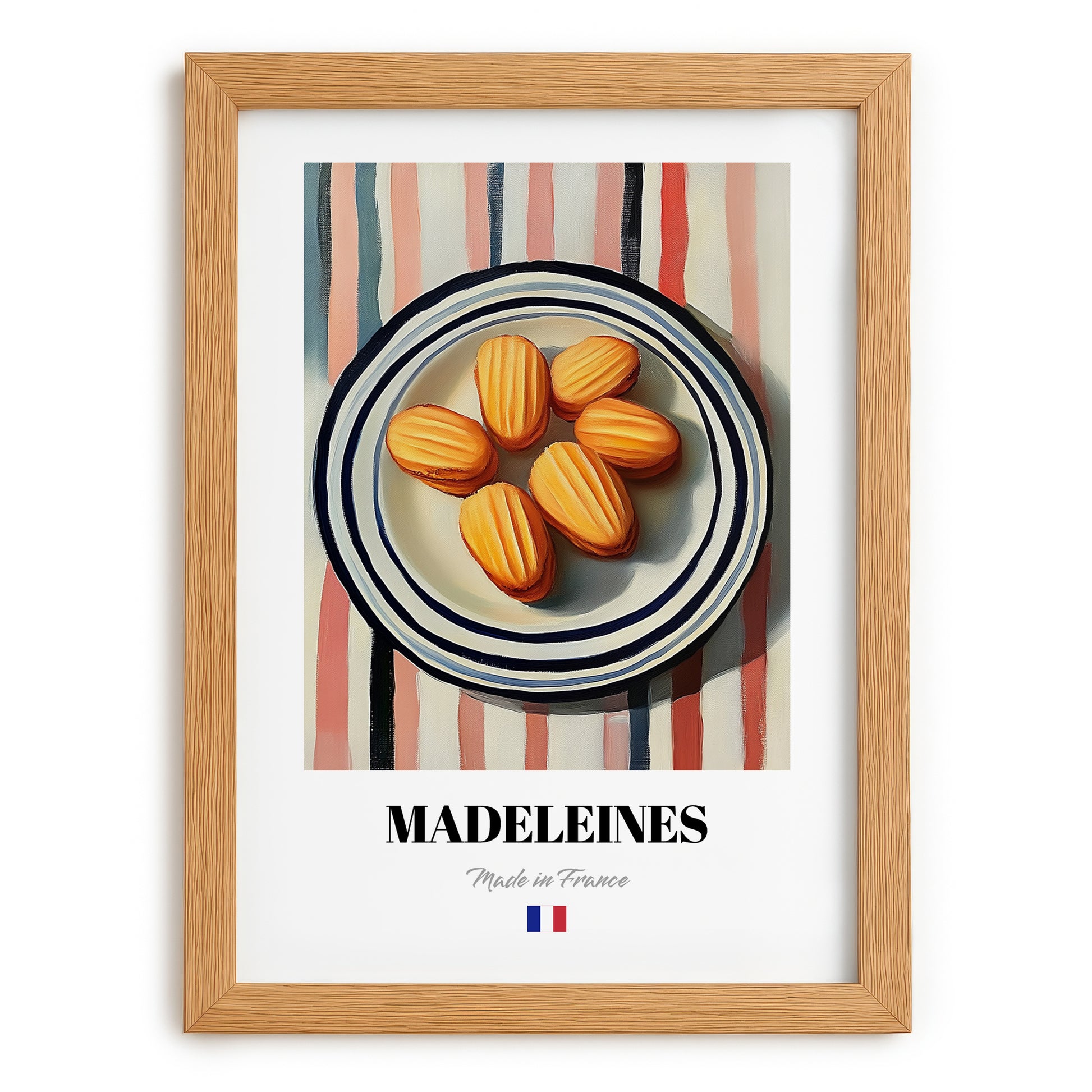 Madeleines – on Striped Tablecloth, French French Pastry Wall Decor, set in oak frame