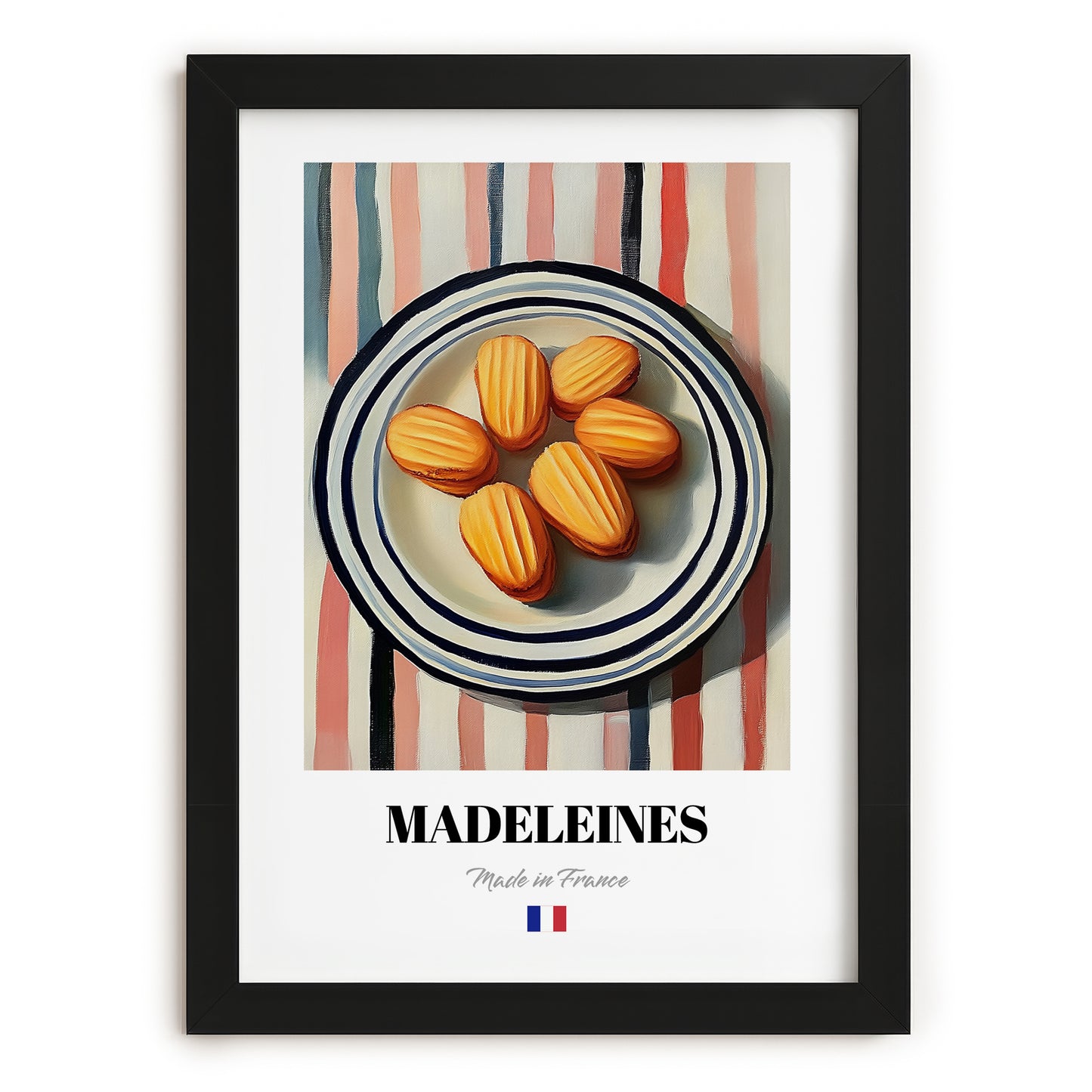 Madeleines – on Striped Tablecloth, French French Pastry Wall Decor, in sleek black frame