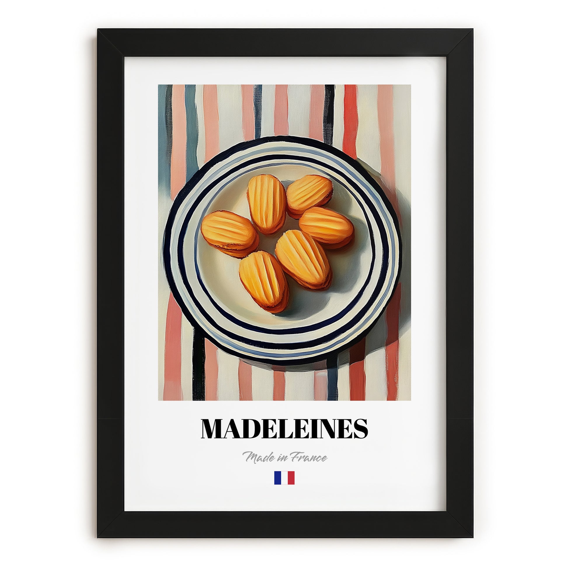 Madeleines – on Striped Tablecloth, French French Pastry Wall Decor, in sleek black frame