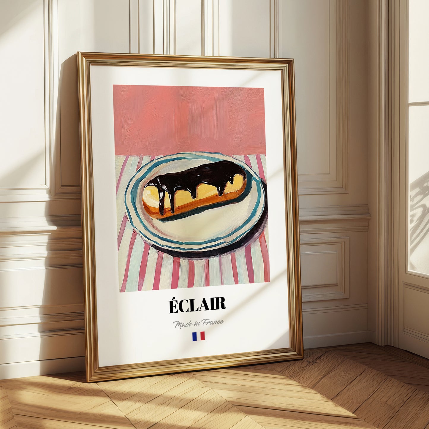 Éclair – on Striped Tablecloth, French French Pastry Still Life 