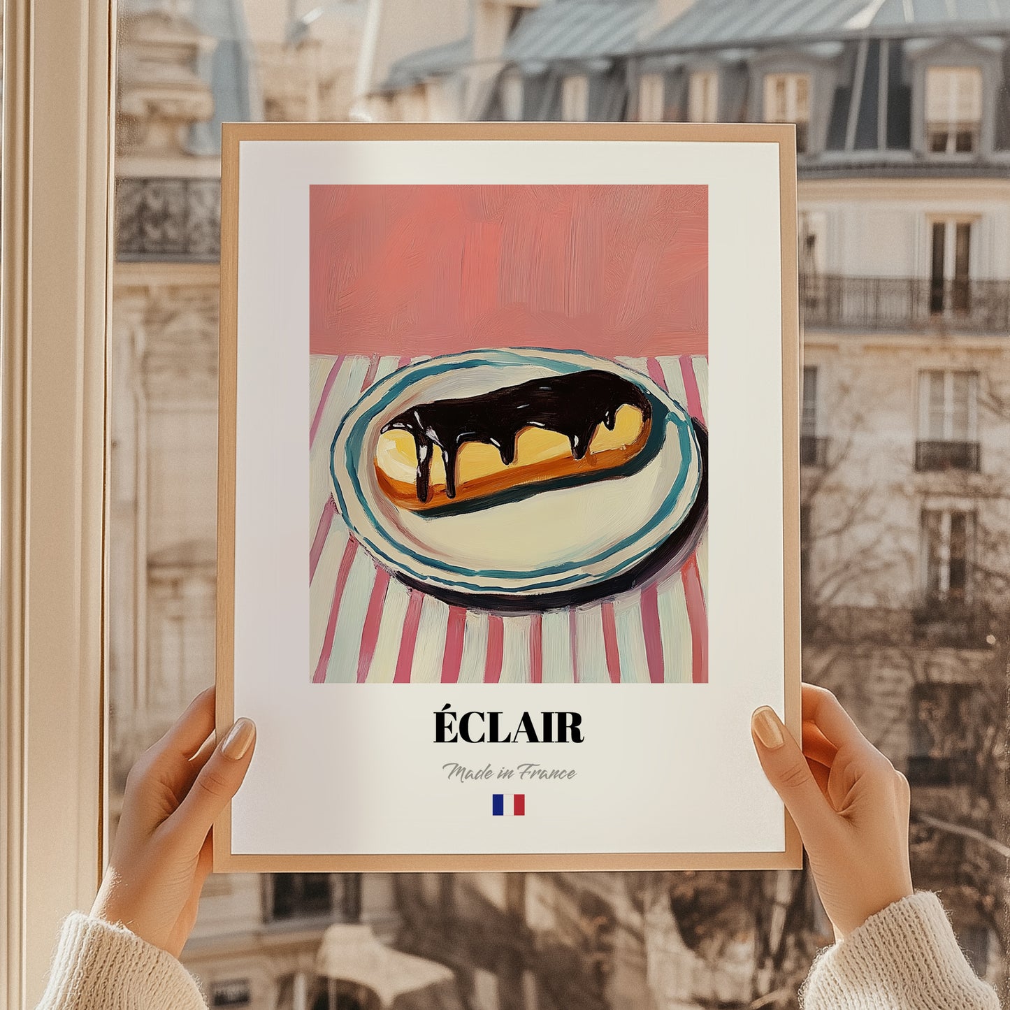 Éclair – on Striped Tablecloth, French French Pastry Still Life, styled in a charming Paris street view