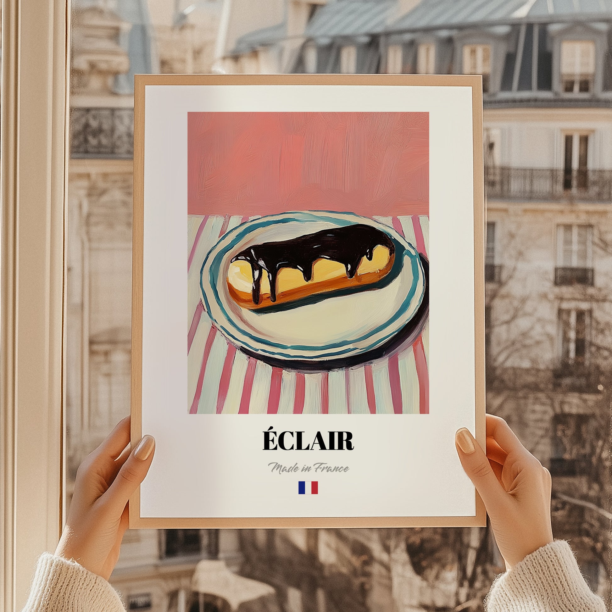 Éclair – on Striped Tablecloth, French French Pastry Still Life, styled in a charming Paris street view