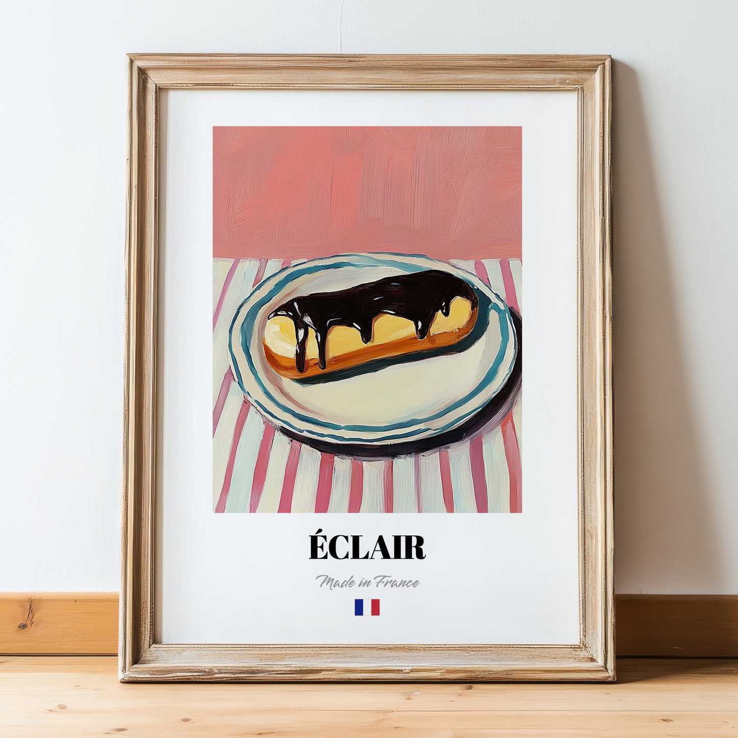 Éclair – on Striped Tablecloth, French French Pastry Still Life, in wooden frame leaning on the floor