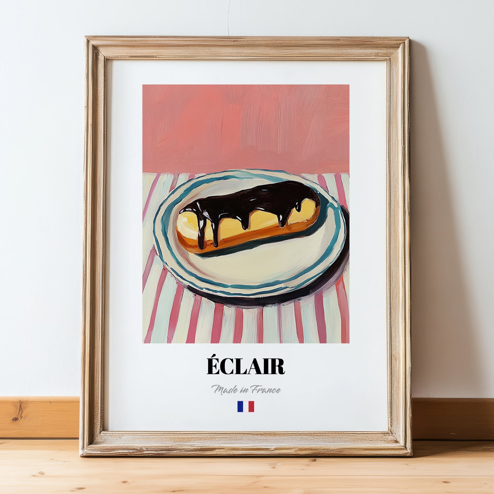 Éclair – on Striped Tablecloth, French French Pastry Still Life, in wooden frame leaning on the floor