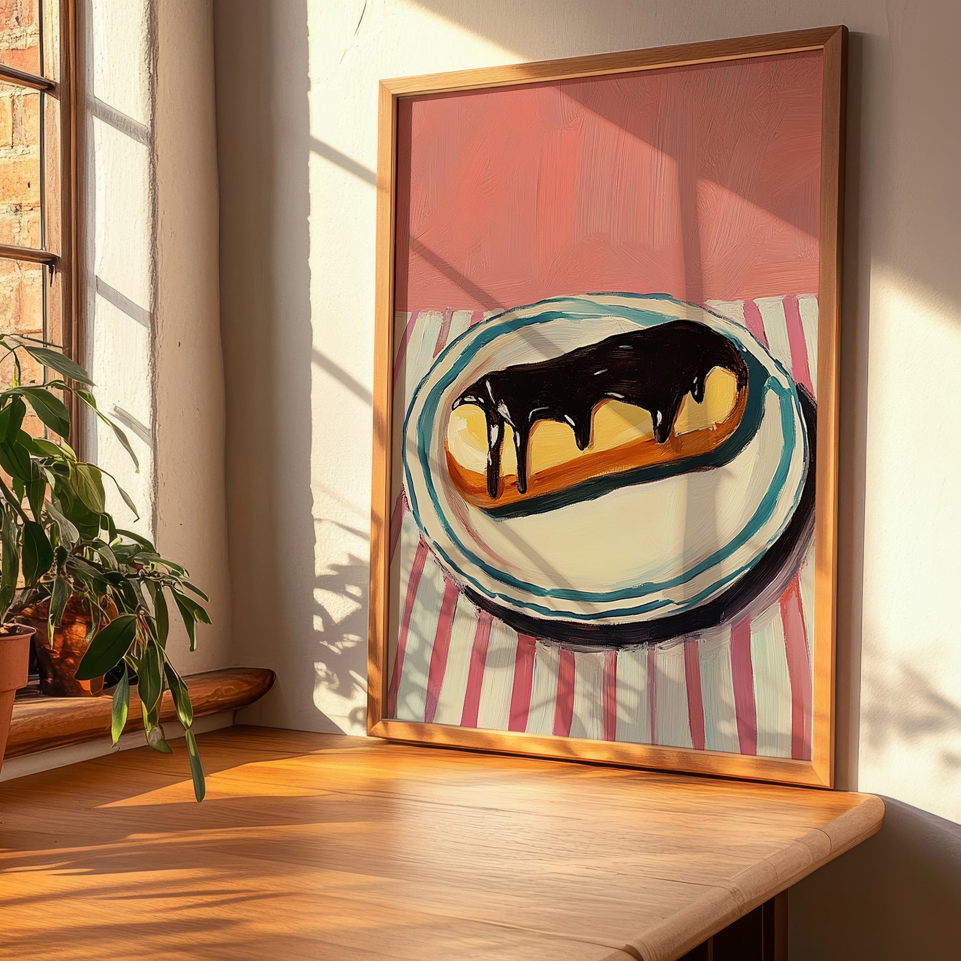 Éclair – on Striped Tablecloth, French French Pastry Still Life, clean layout with no caption