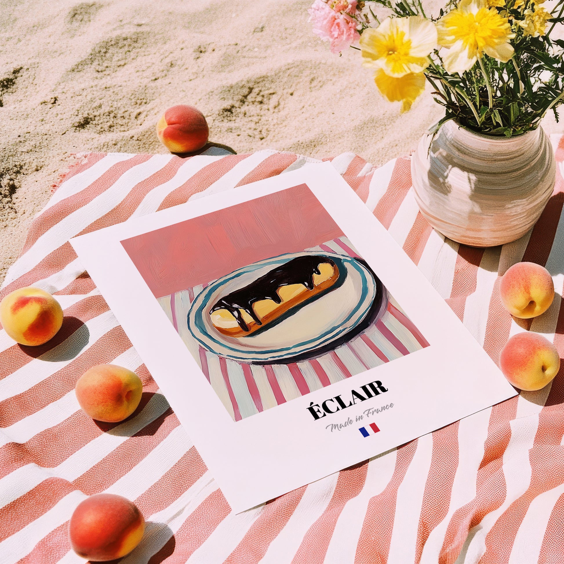 Éclair – on Striped Tablecloth, French French Pastry Still Life, unframed on coastal sand