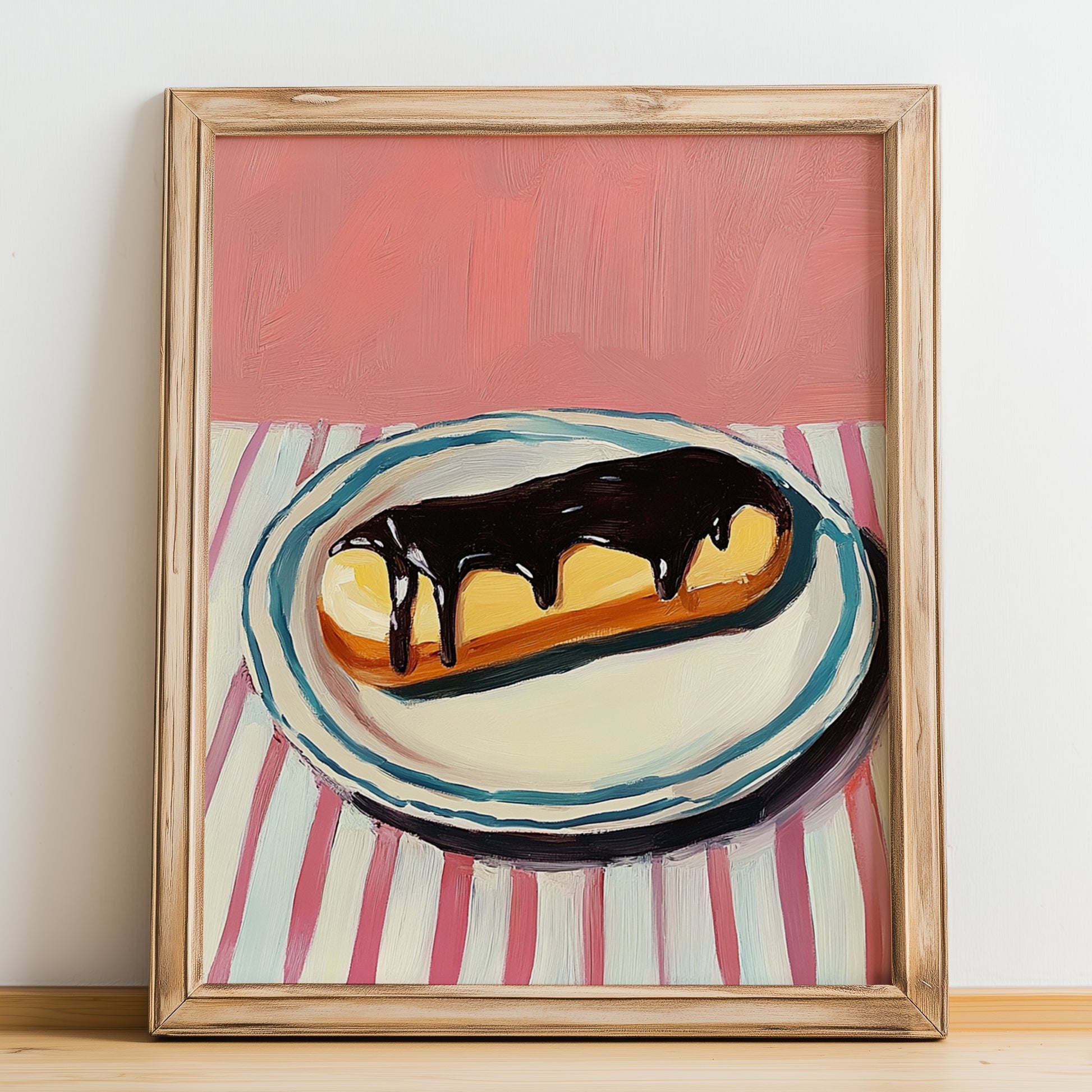 Éclair – on Striped Tablecloth, French French Pastry Still Life, no-text version framed in wood