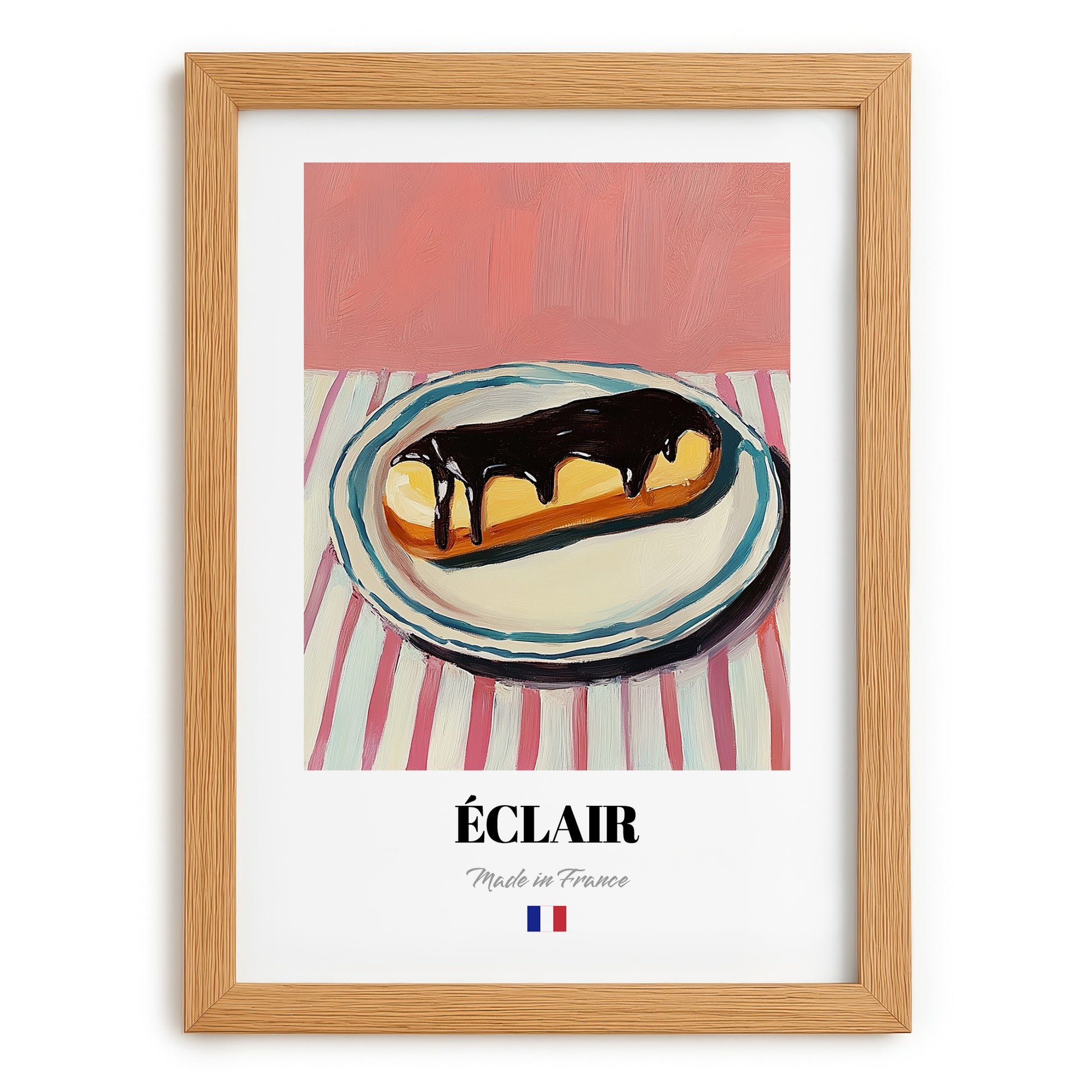 Éclair – on Striped Tablecloth, French French Pastry Still Life, set in oak frame