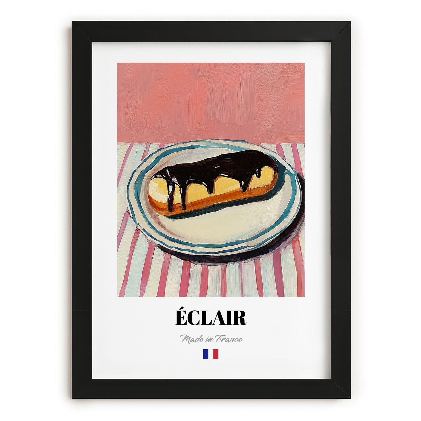 Éclair – on Striped Tablecloth, French French Pastry Still Life, in sleek black frame