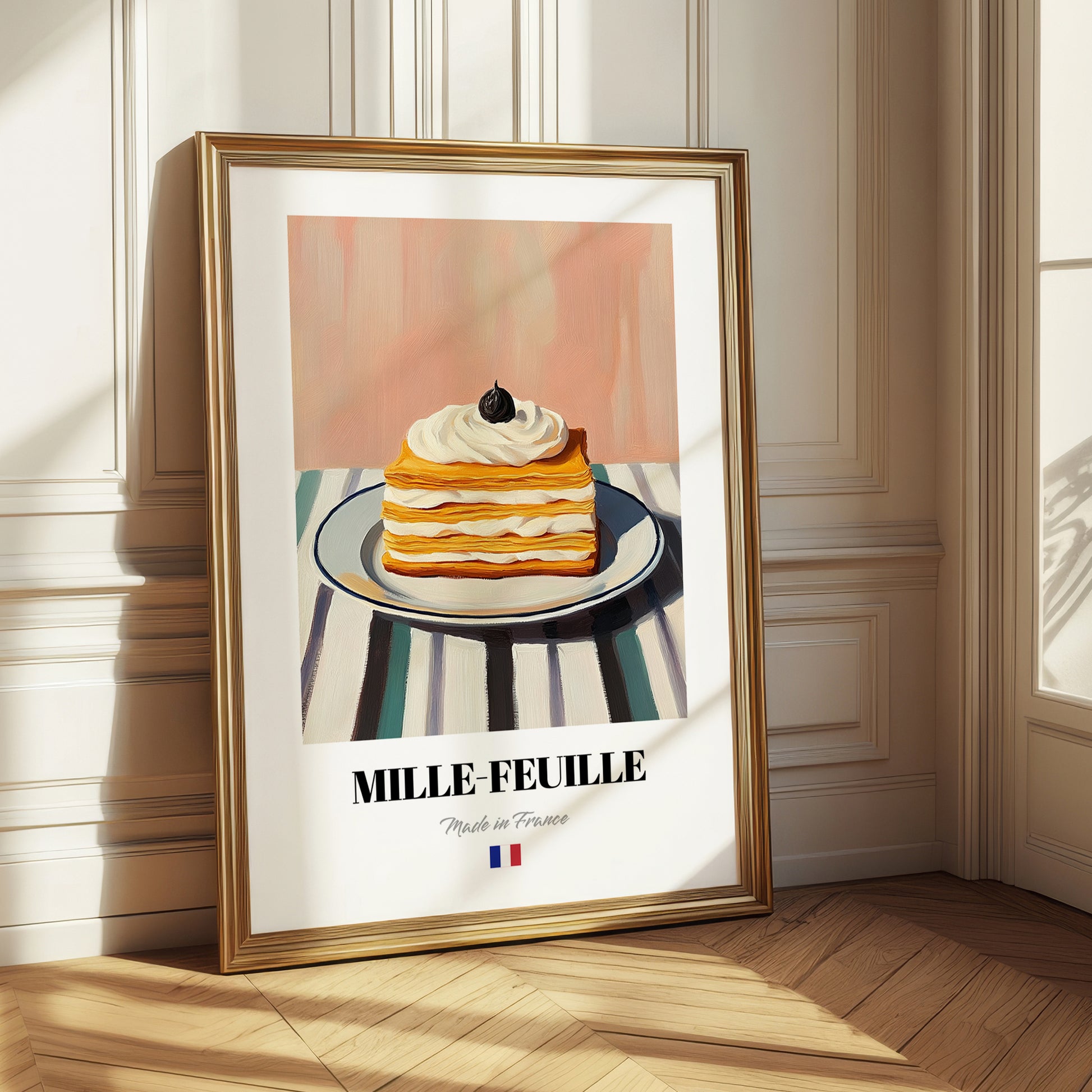 Mille-Feuille – on Striped Tablecloth, French French Pastry Illustration 