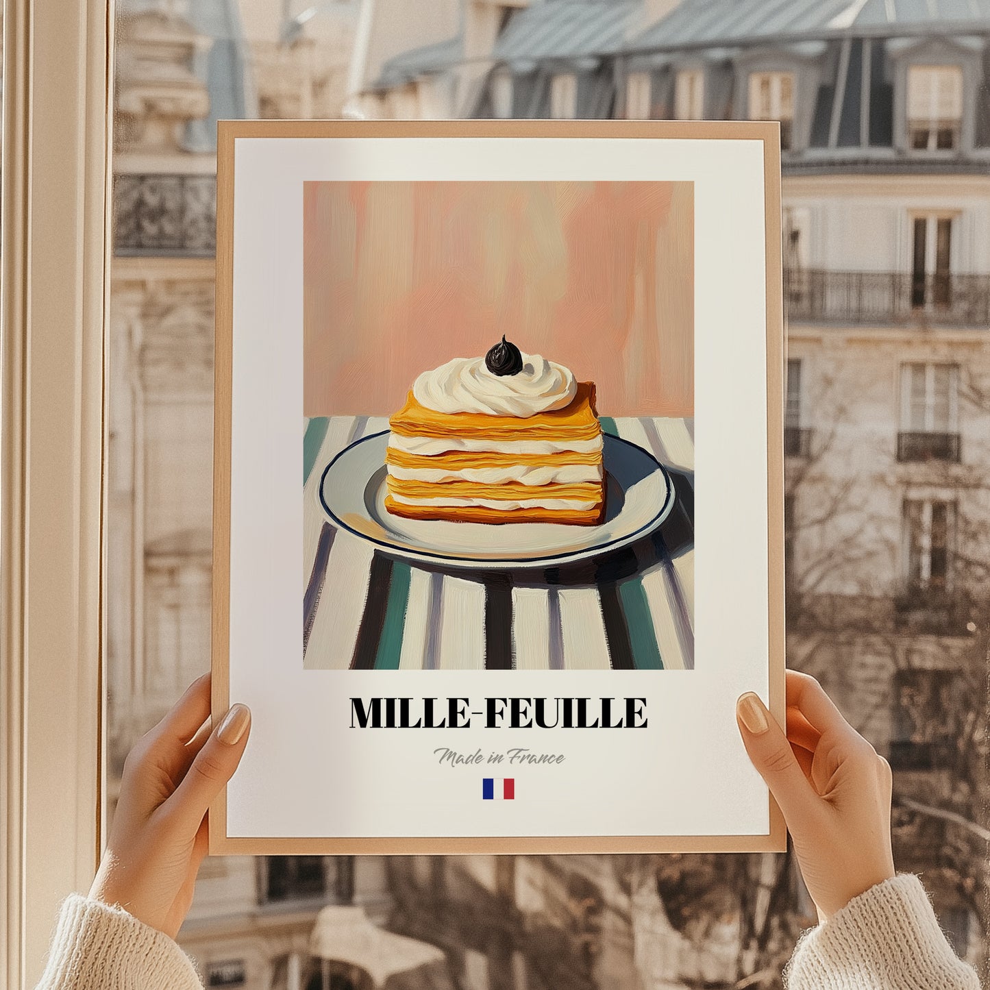 Mille-Feuille – on Striped Tablecloth, French French Pastry Illustration, styled in a charming Paris street view