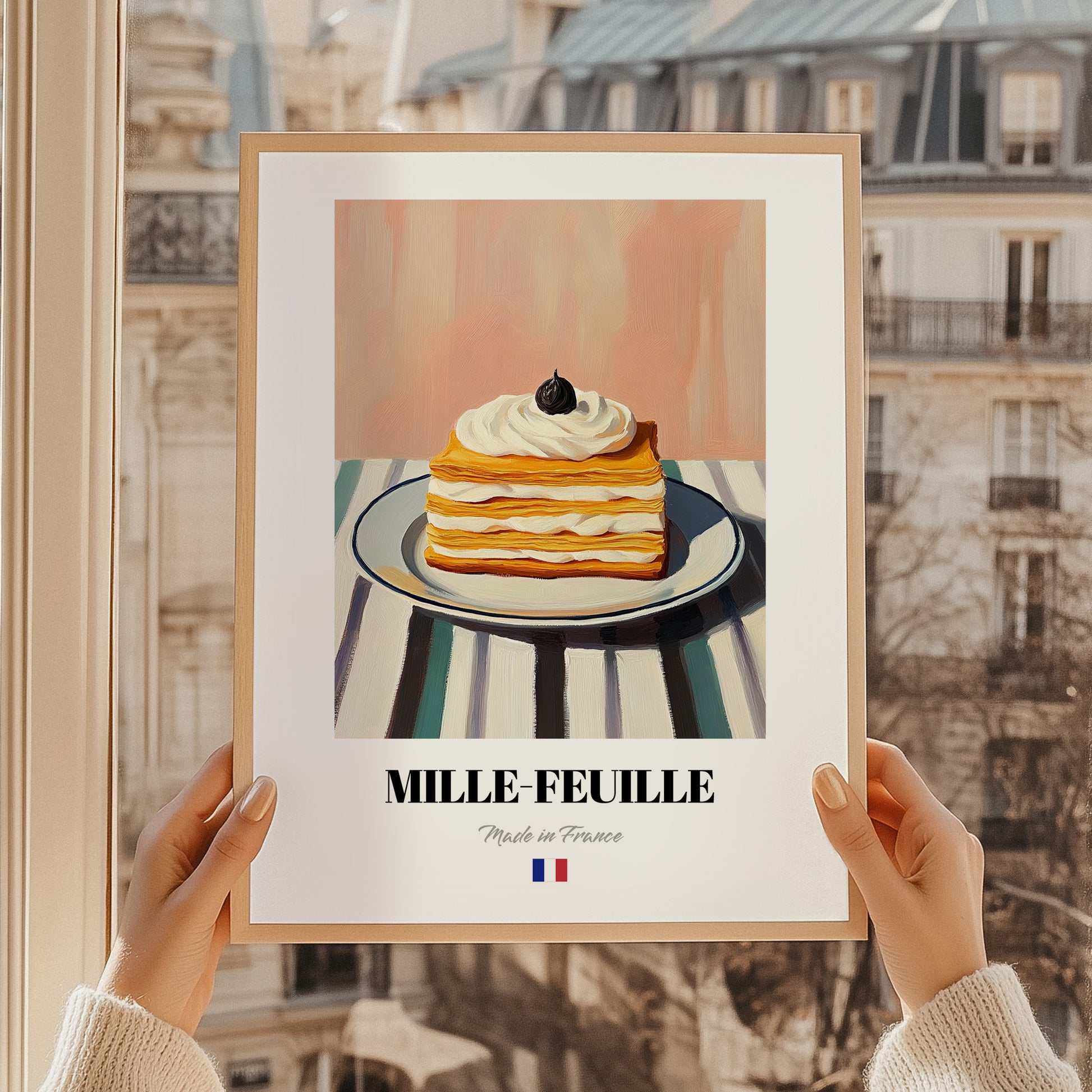 Mille-Feuille – on Striped Tablecloth, French French Pastry Illustration, styled in a charming Paris street view