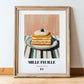 Mille-Feuille – on Striped Tablecloth, French French Pastry Illustration, in wooden frame leaning on the floor
