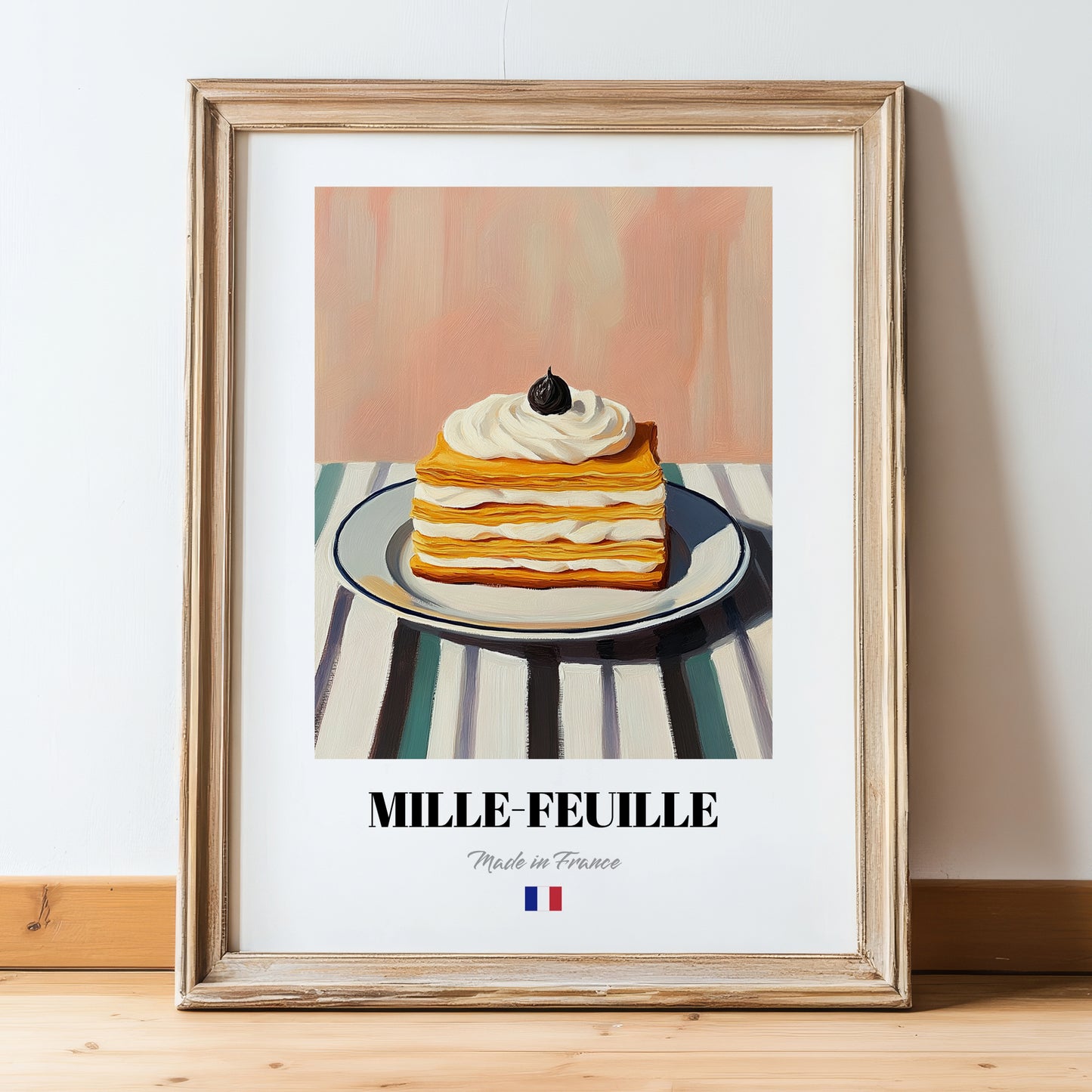Mille-Feuille – on Striped Tablecloth, French French Pastry Illustration, in wooden frame leaning on the floor