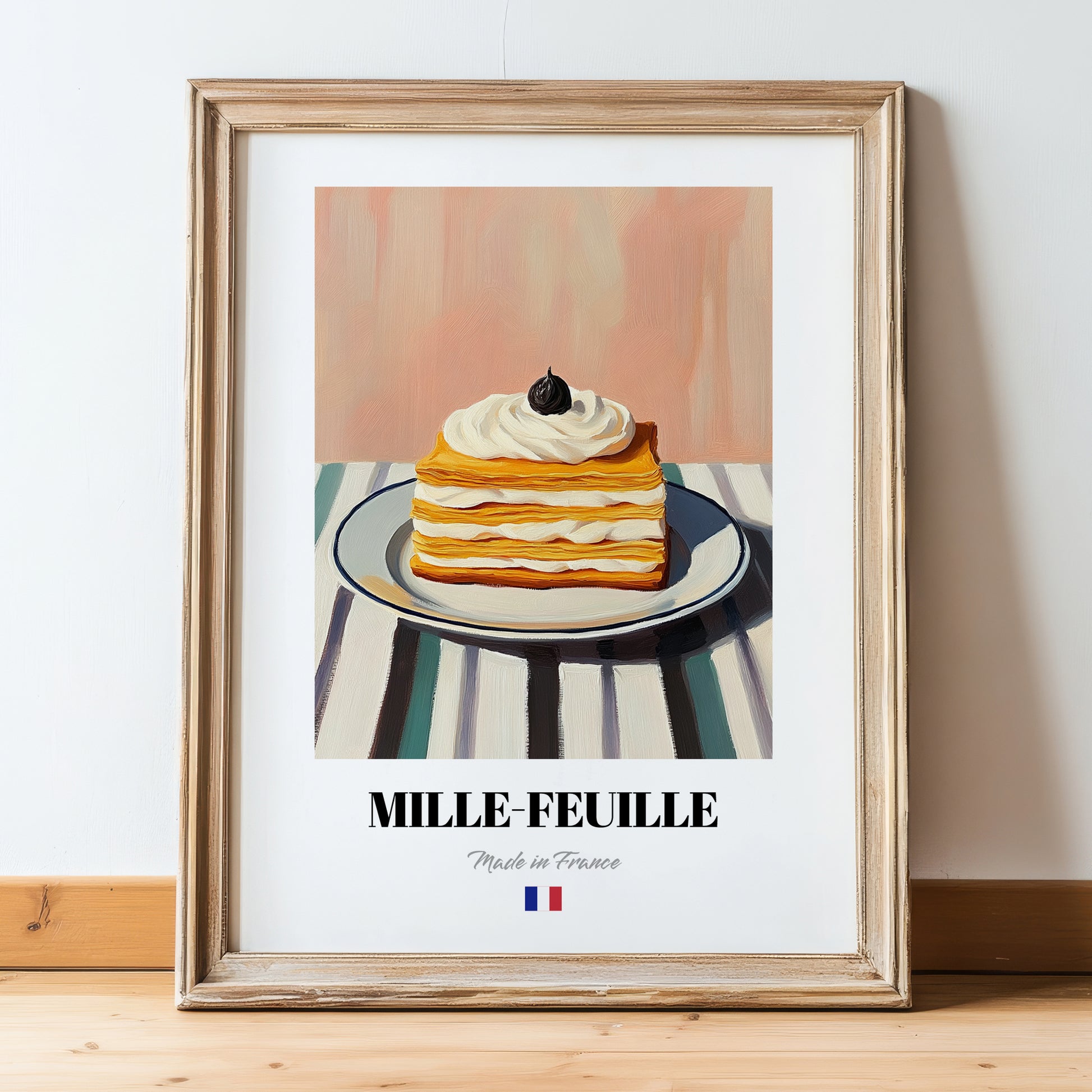 Mille-Feuille – on Striped Tablecloth, French French Pastry Illustration, in wooden frame leaning on the floor