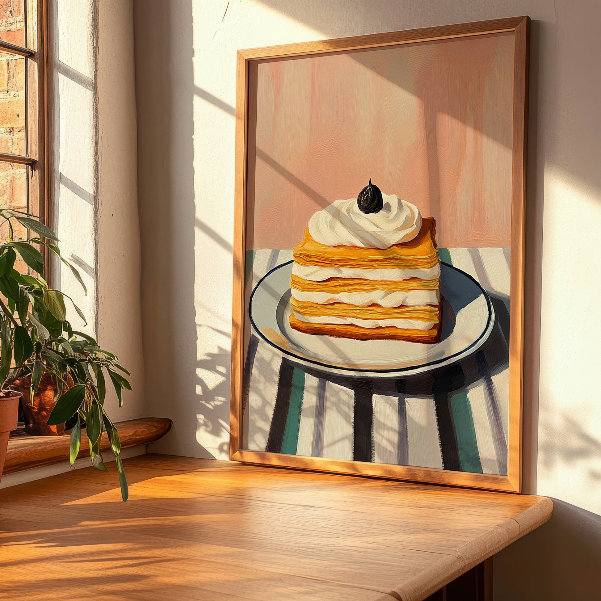 Mille-Feuille – on Striped Tablecloth, French French Pastry Illustration, clean layout with no caption