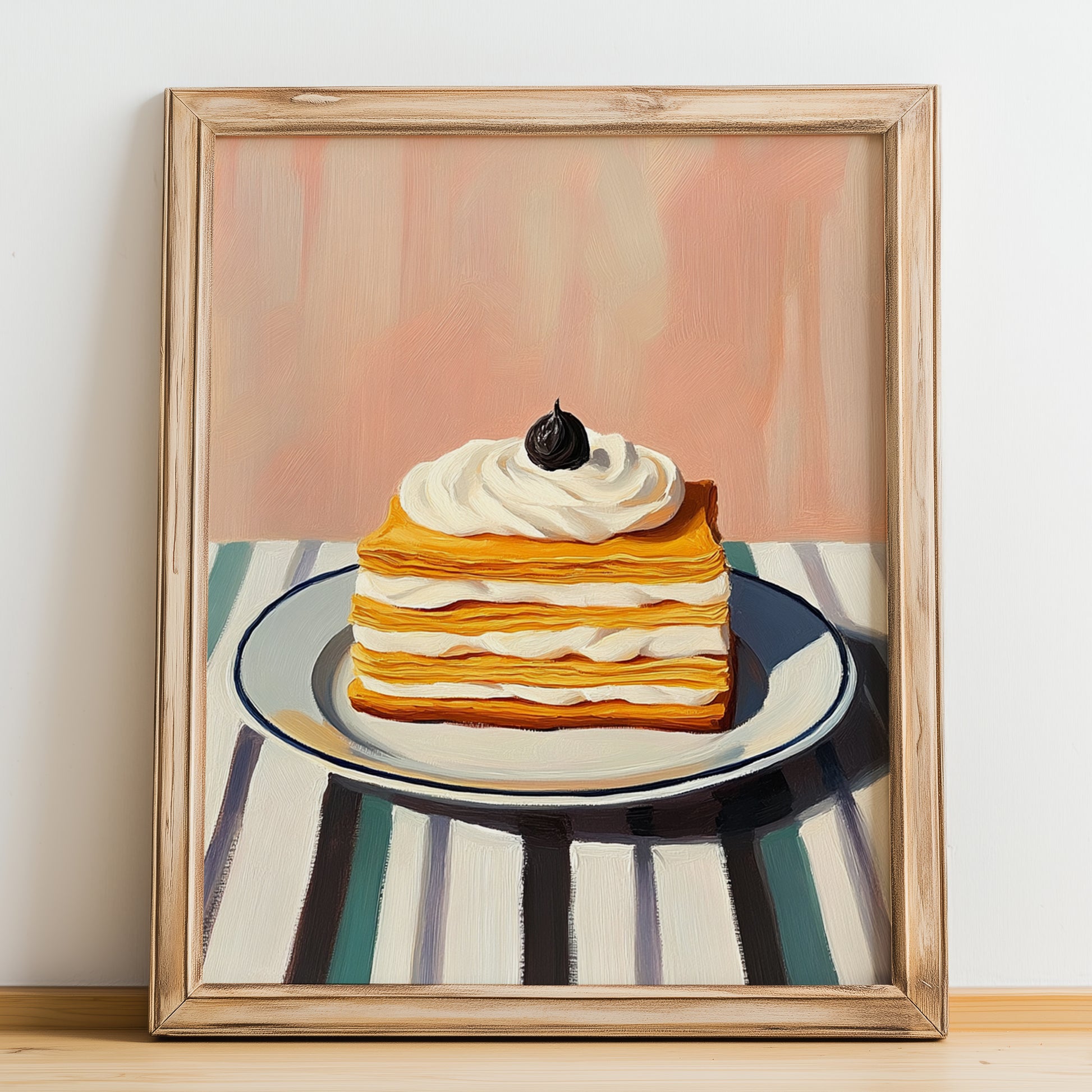 Mille-Feuille – on Striped Tablecloth, French French Pastry Illustration, no-text version framed in wood