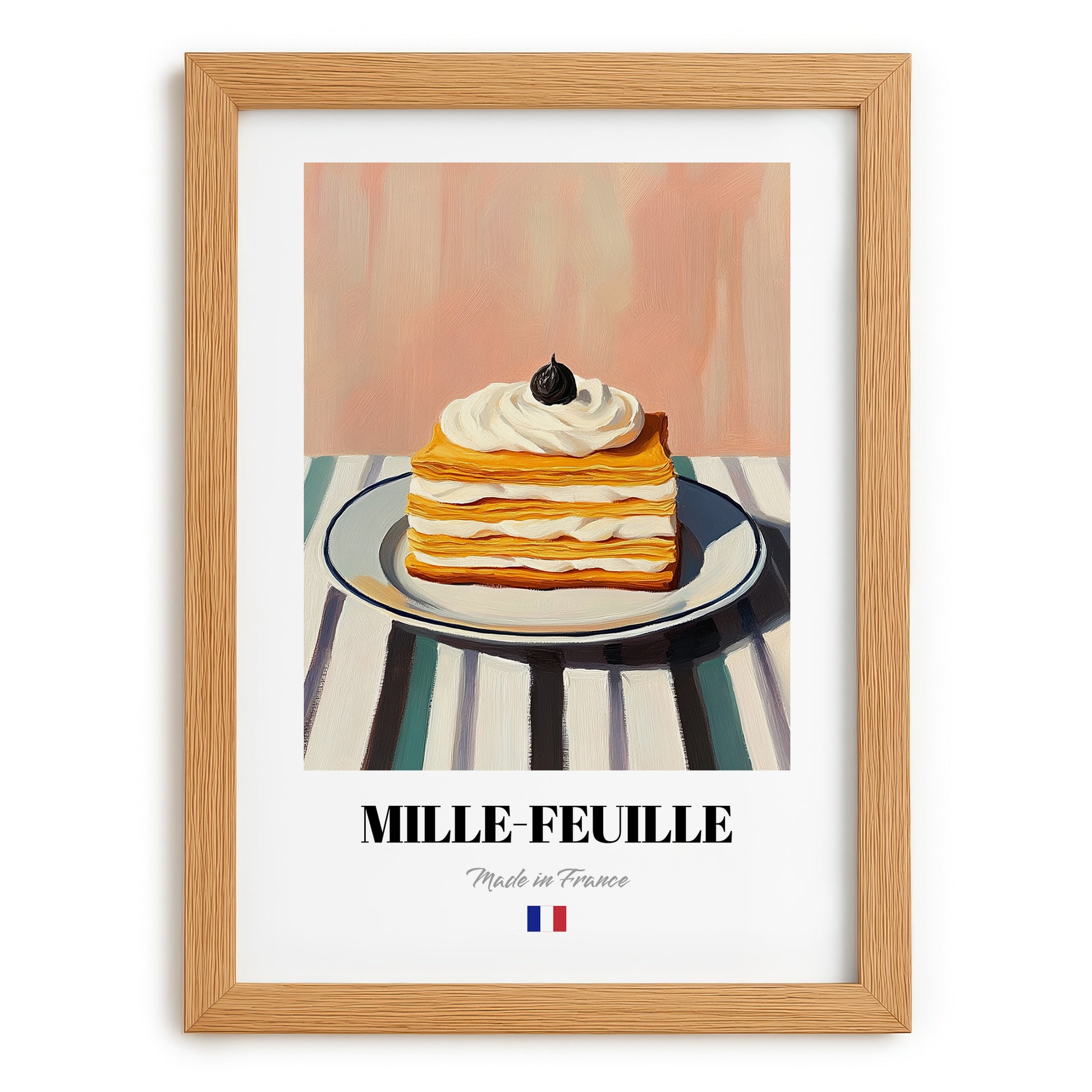 Mille-Feuille – on Striped Tablecloth, French French Pastry Illustration, set in oak frame