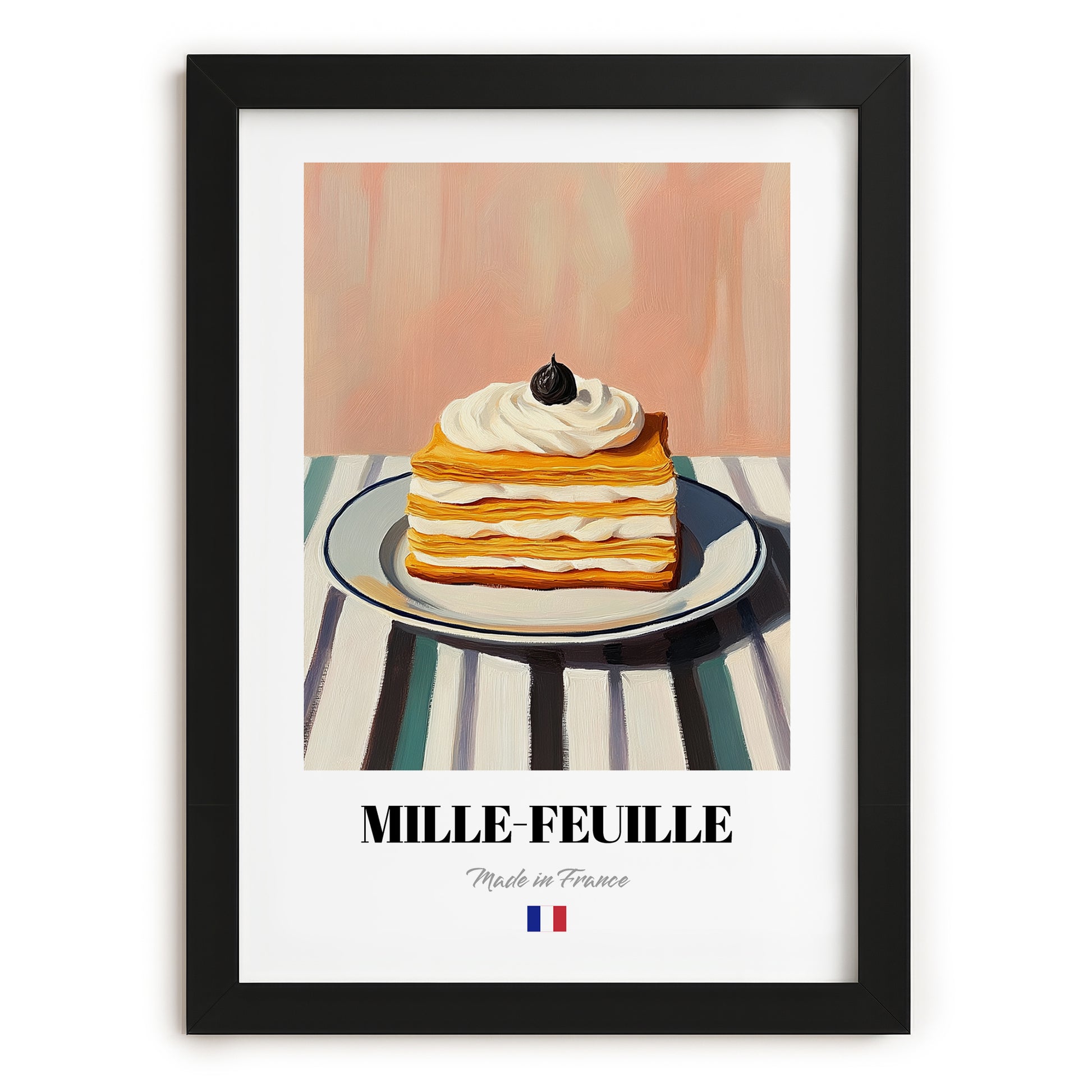 Mille-Feuille – on Striped Tablecloth, French French Pastry Illustration, in sleek black frame