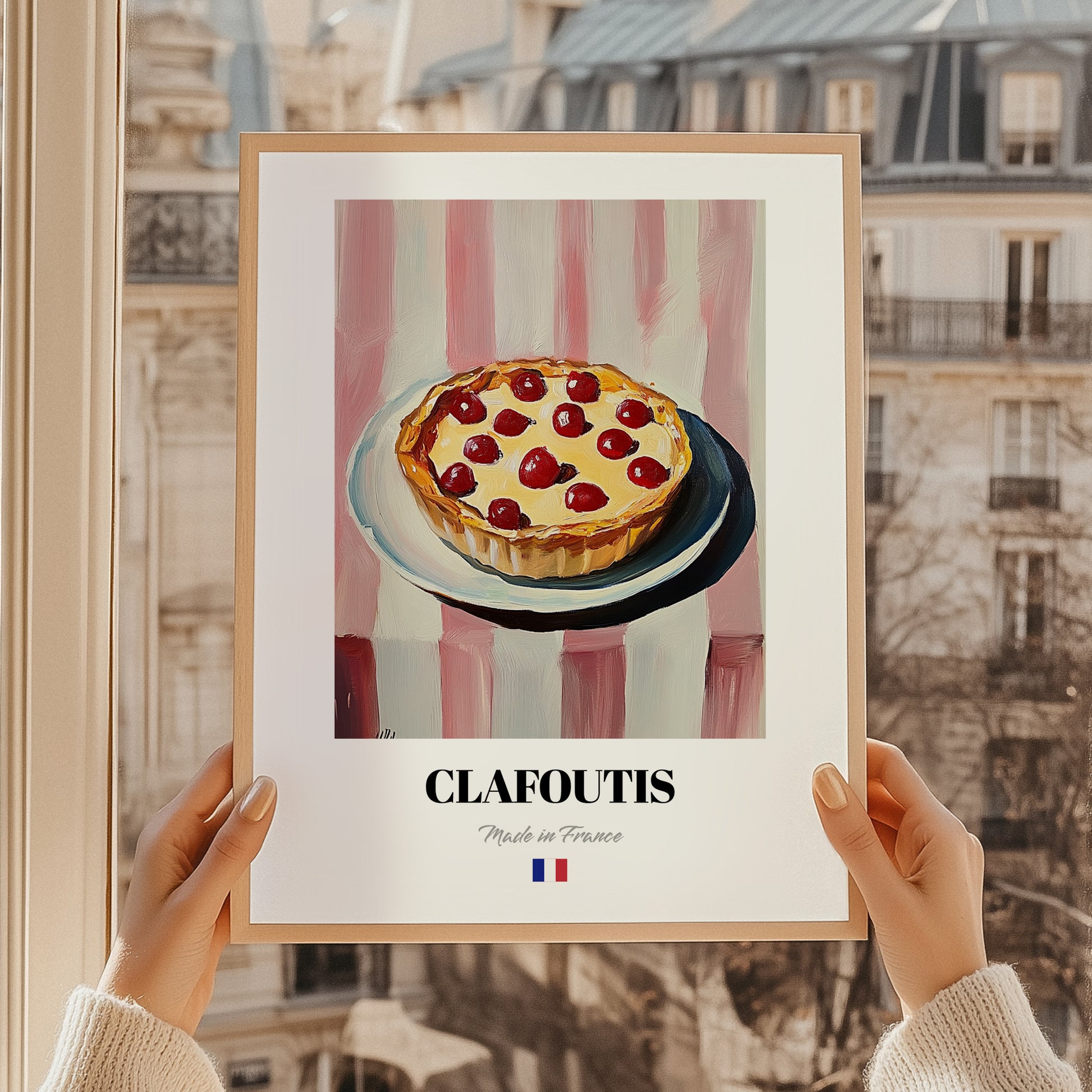 Clafoutis – on Striped Tablecloth, French French Dessert Illustration, styled in a charming Paris street view