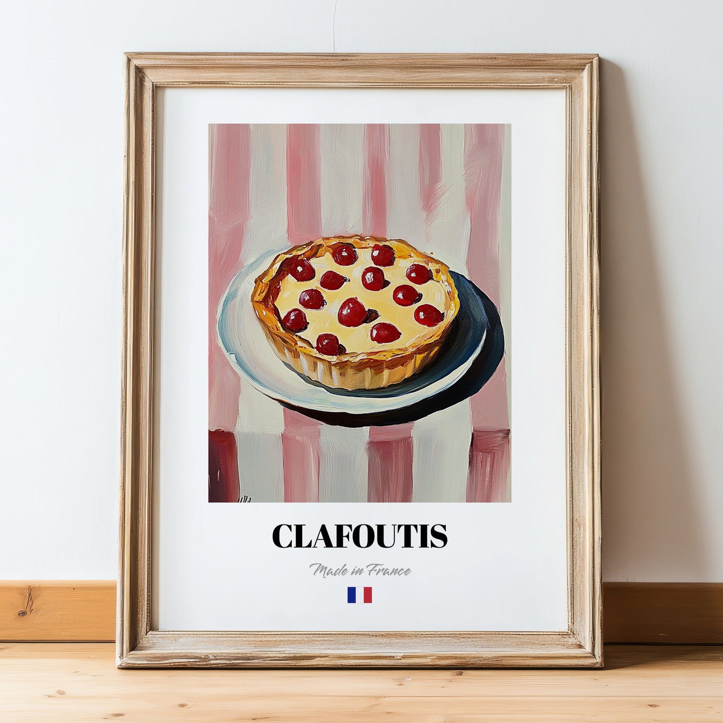 Clafoutis – on Striped Tablecloth, French French Dessert Illustration, in wooden frame leaning on the floor