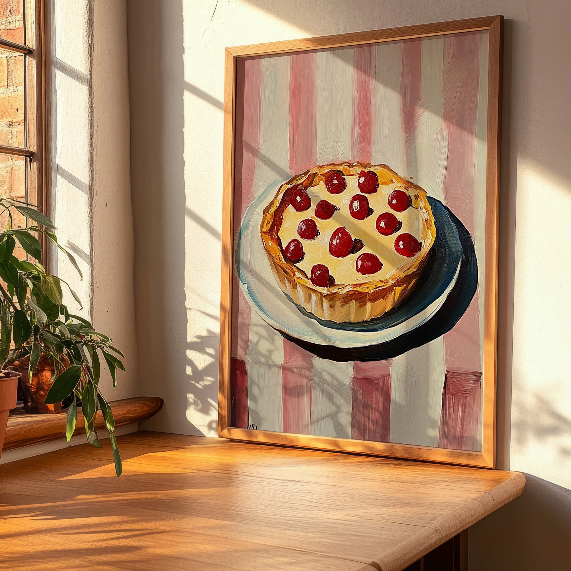 Clafoutis – on Striped Tablecloth, French French Dessert Illustration, clean layout with no caption