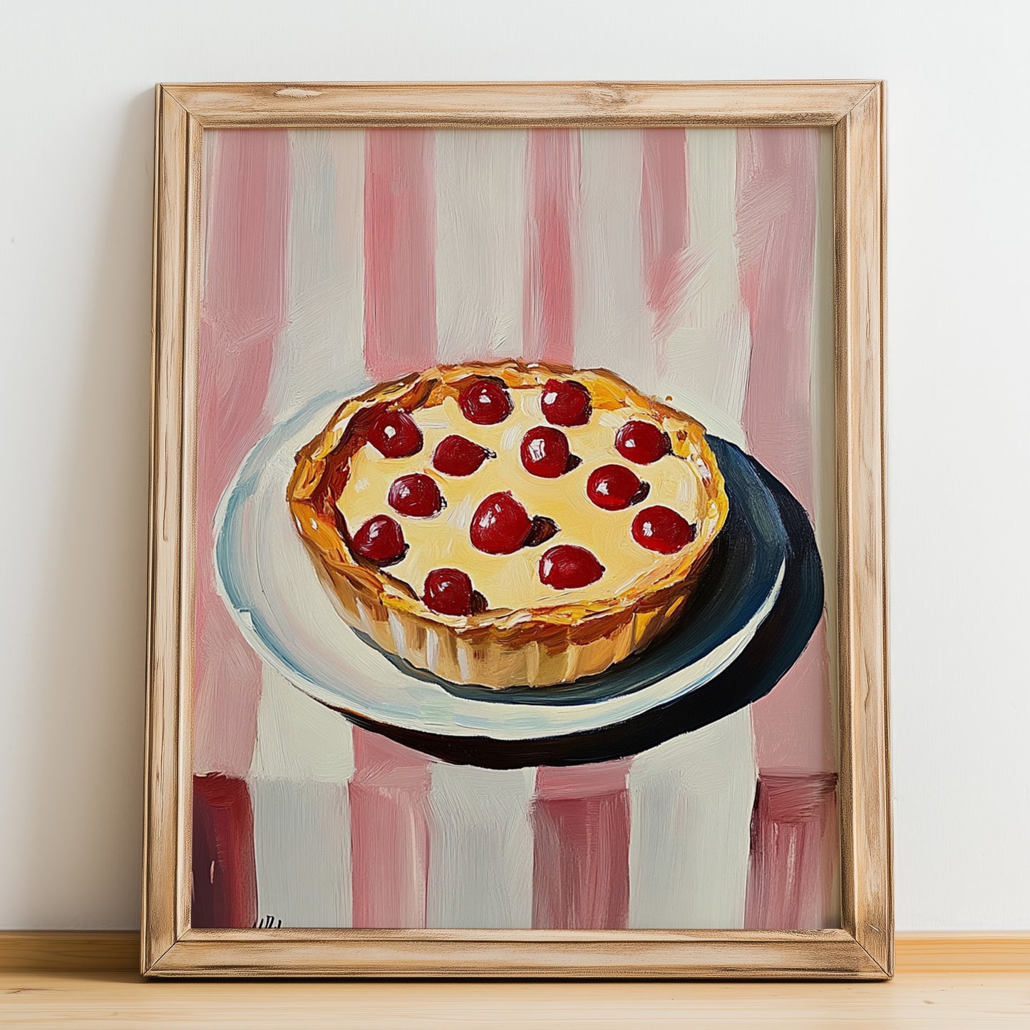 Clafoutis – on Striped Tablecloth, French French Dessert Illustration, no-text version framed in wood