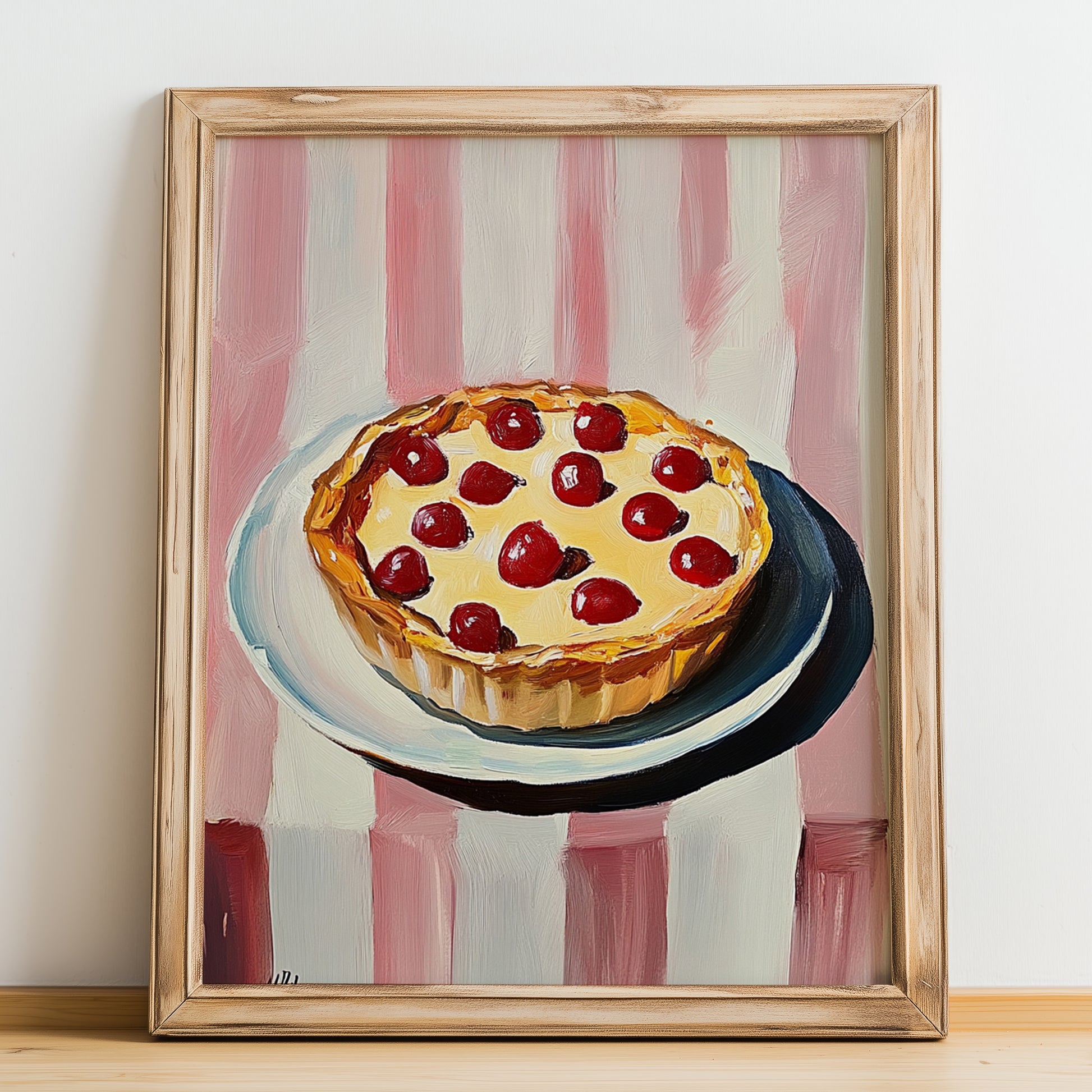 Clafoutis – on Striped Tablecloth, French French Dessert Illustration, no-text version framed in wood