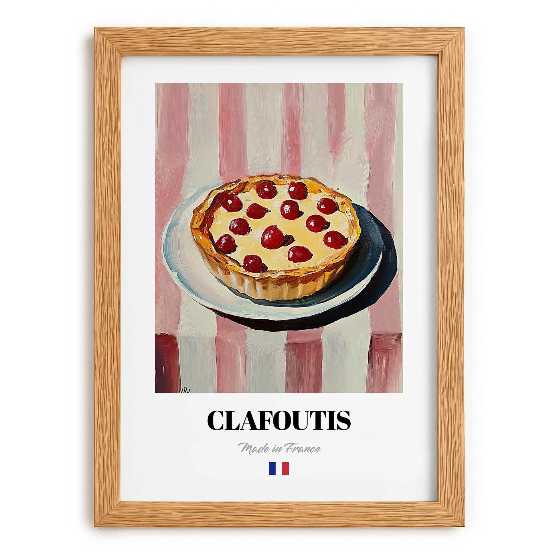 Clafoutis – on Striped Tablecloth, French French Dessert Illustration, set in oak frame